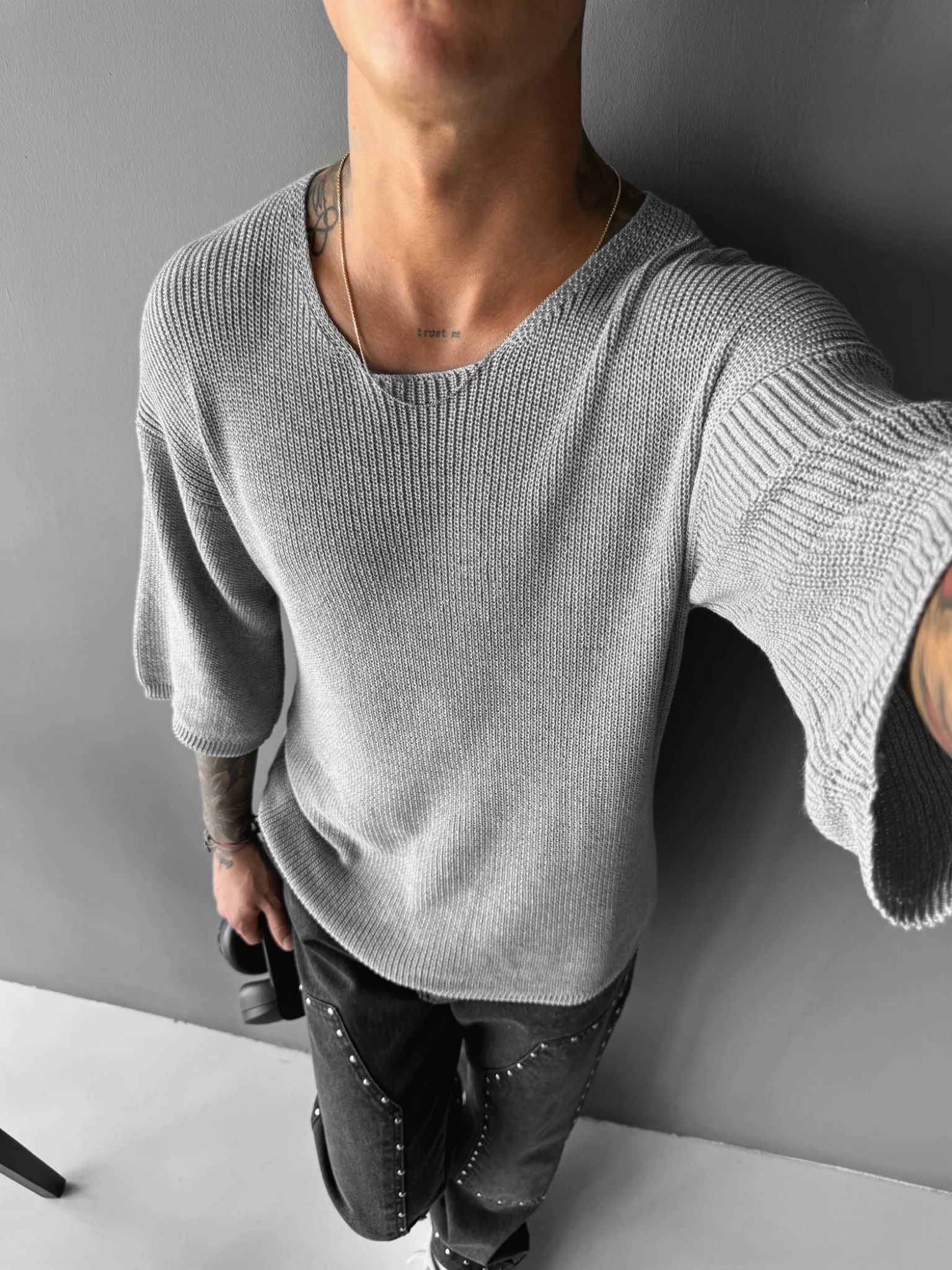 Oversize Long Knit T-Shirt- Grey - Image 2