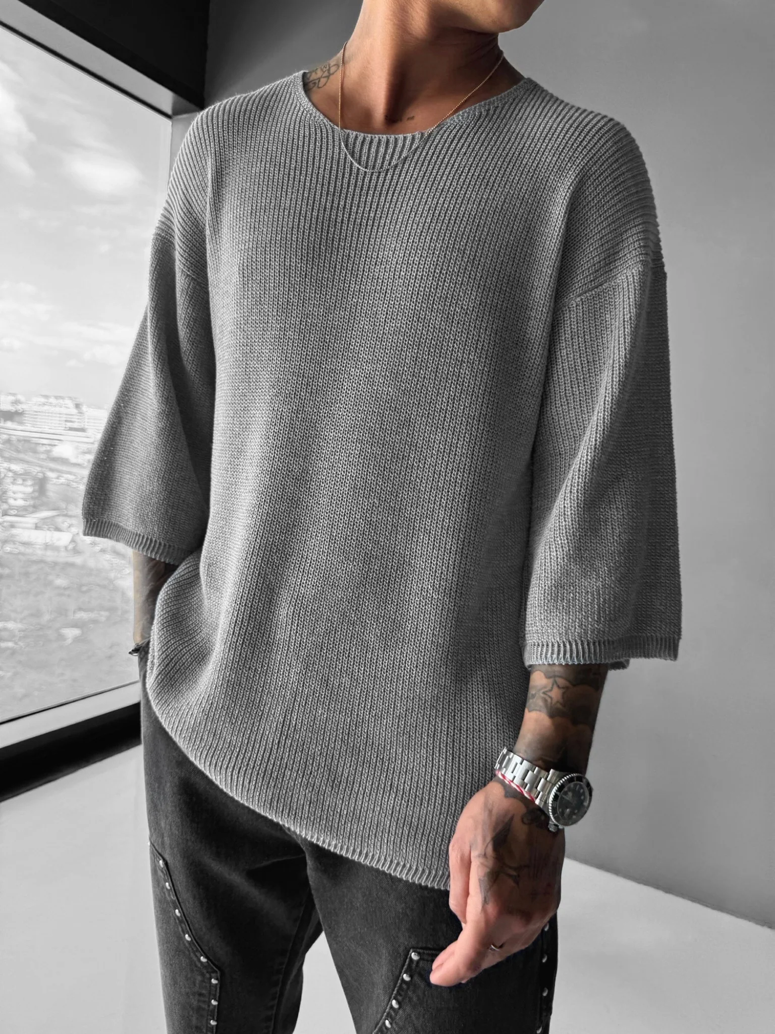 Oversize Long Knit T-Shirt- Grey - Image 3