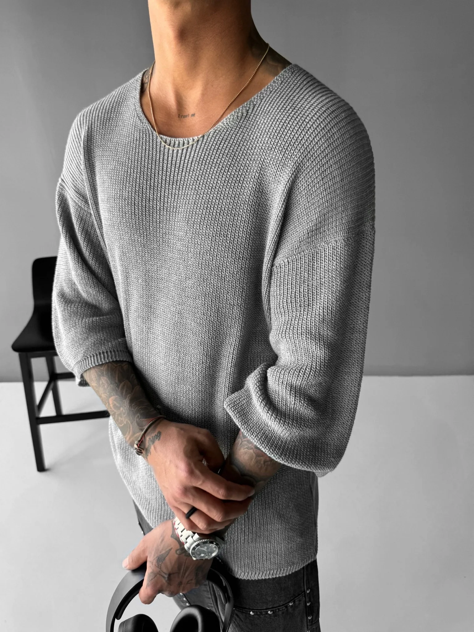 Oversize Long Knit T-Shirt- Grey - Image 5