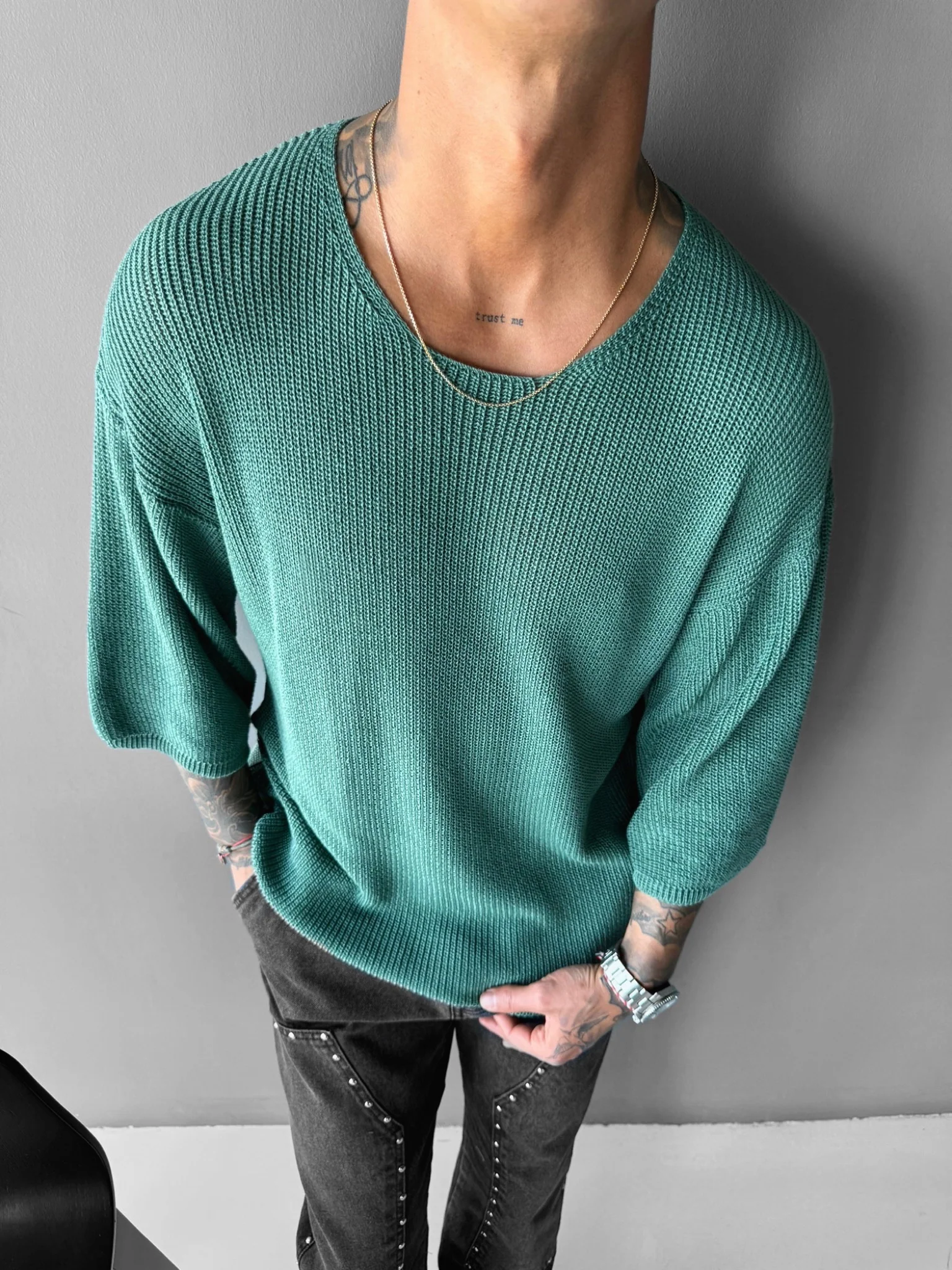 Oversize Long Knit T-Shirt - Petrol - Image 2
