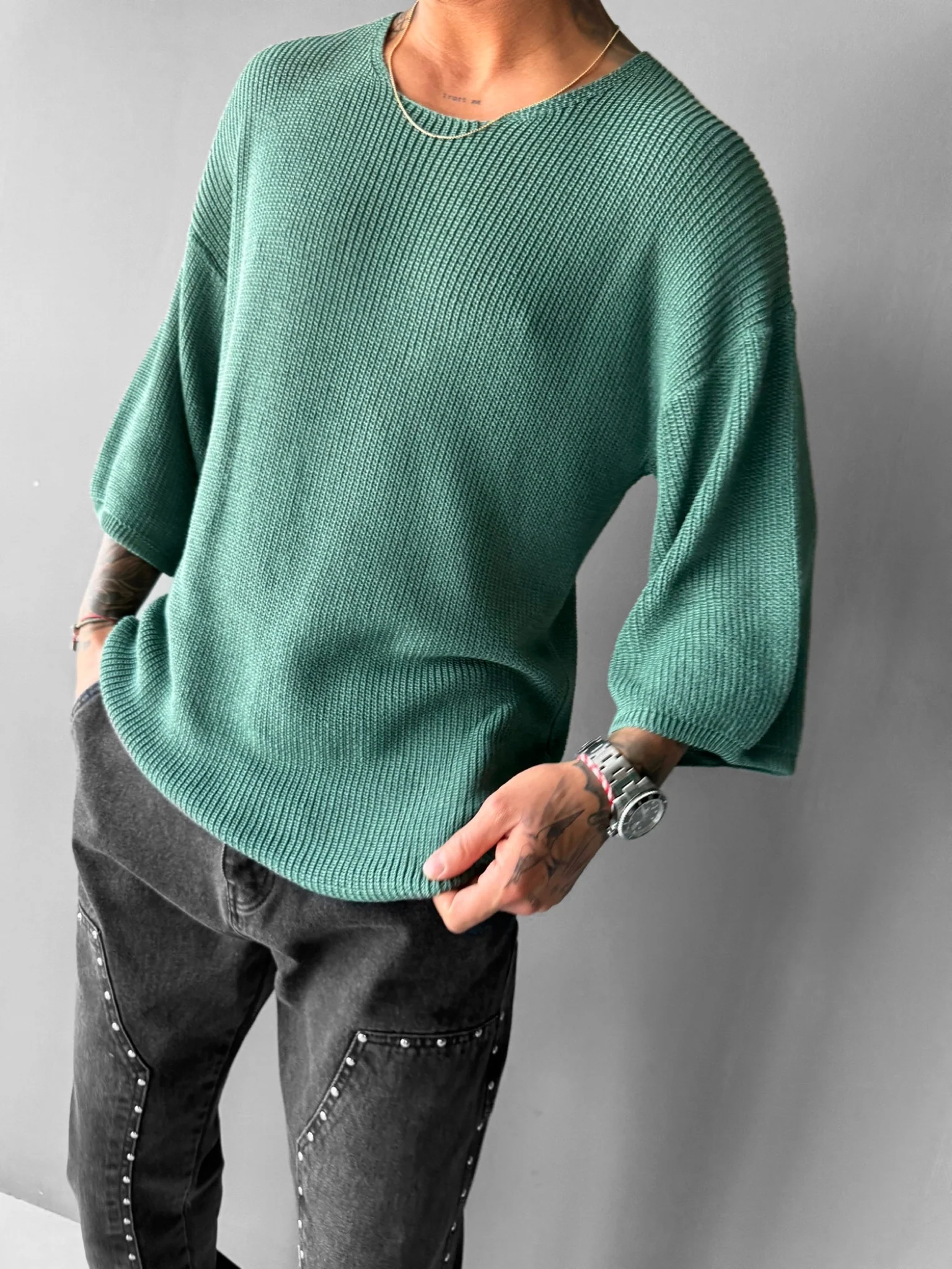 Oversize Long Knit T-Shirt - Petrol - Image 3