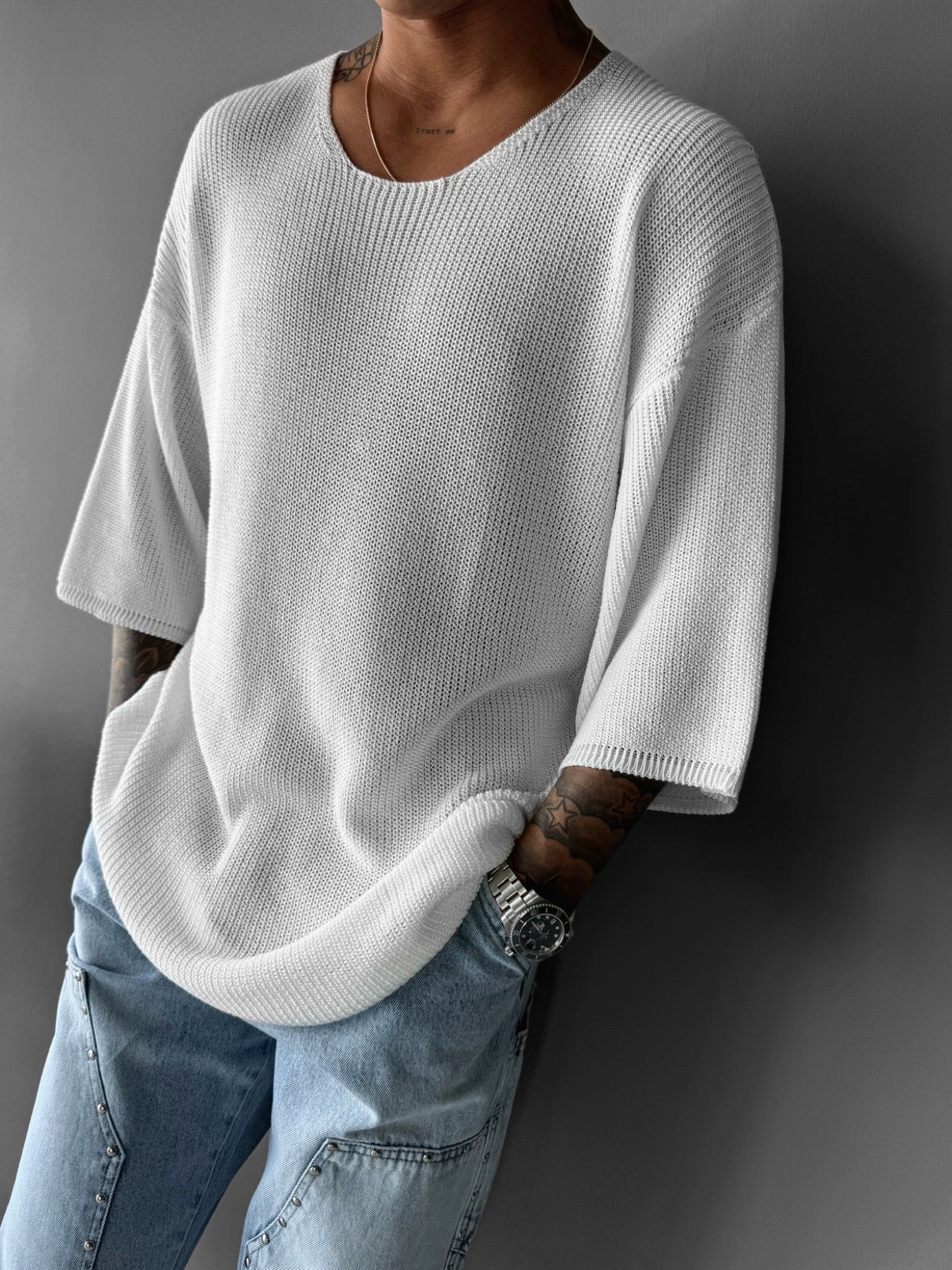 Oversize Long Knit T-Shirt - White - Image 2
