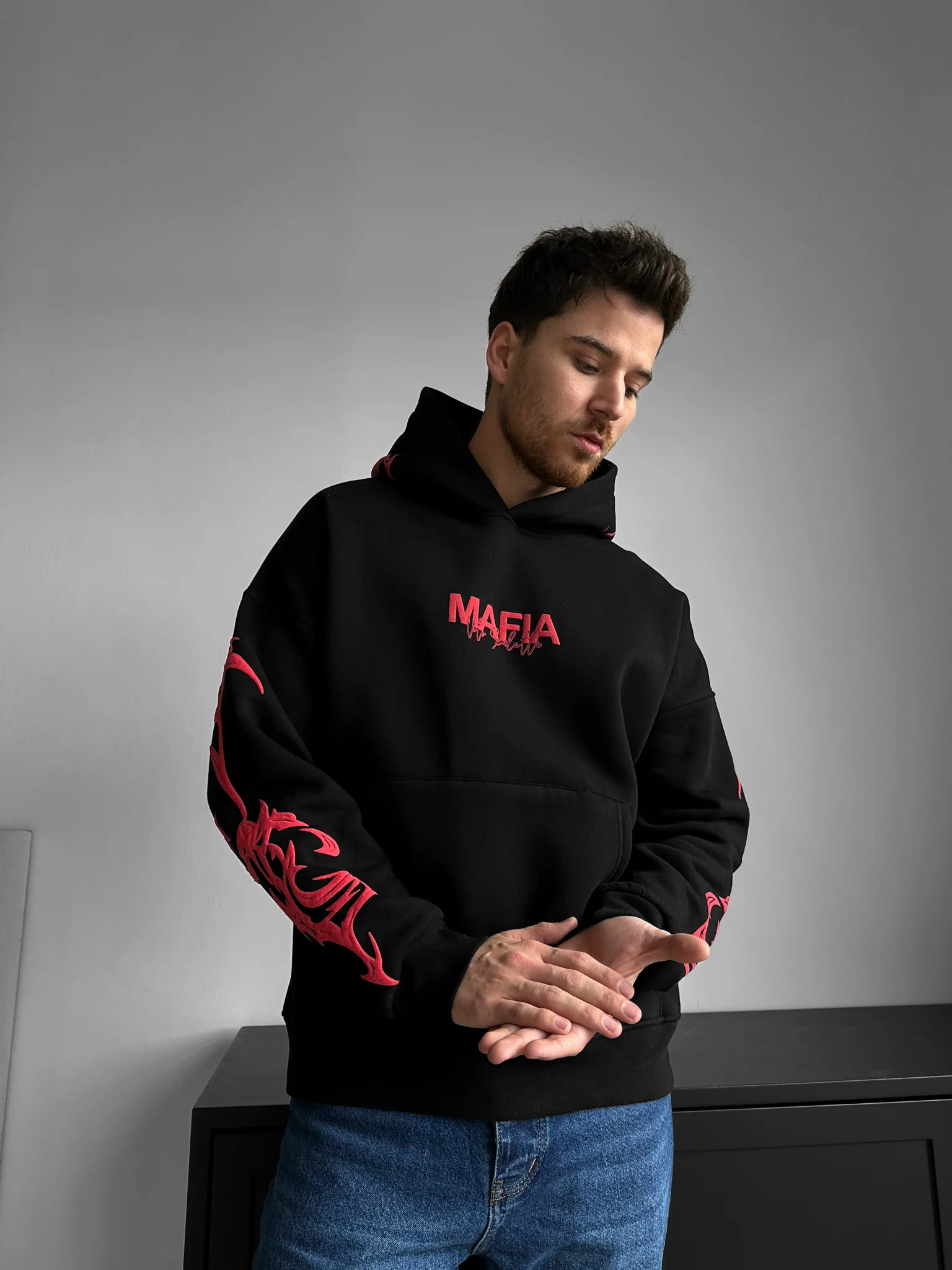 Oversize Mafia Tribal Hoodie - Black and Red - Image 2