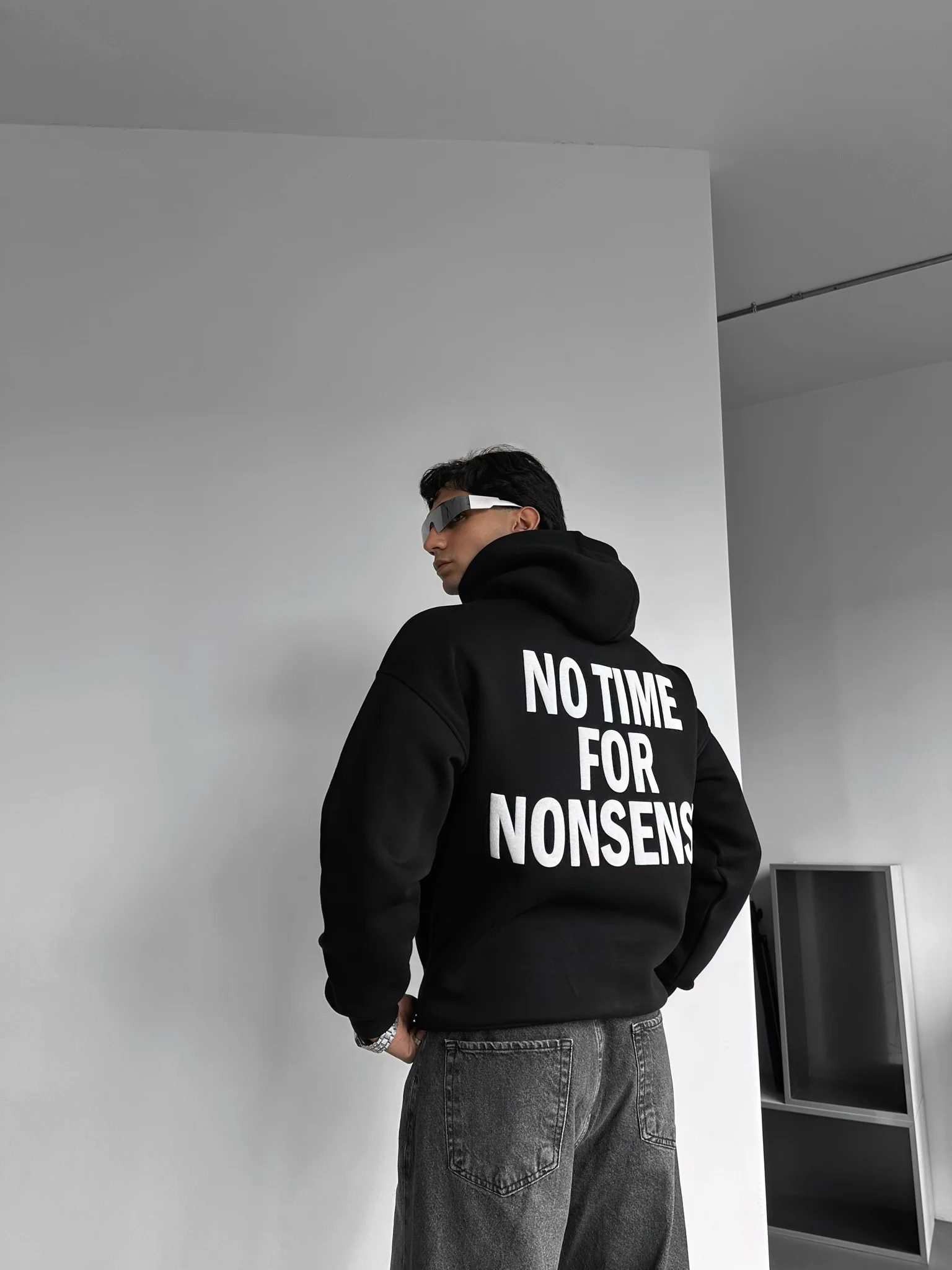 Oversize “No Time for Nonsense” Hoodie - Black and White - Image 3