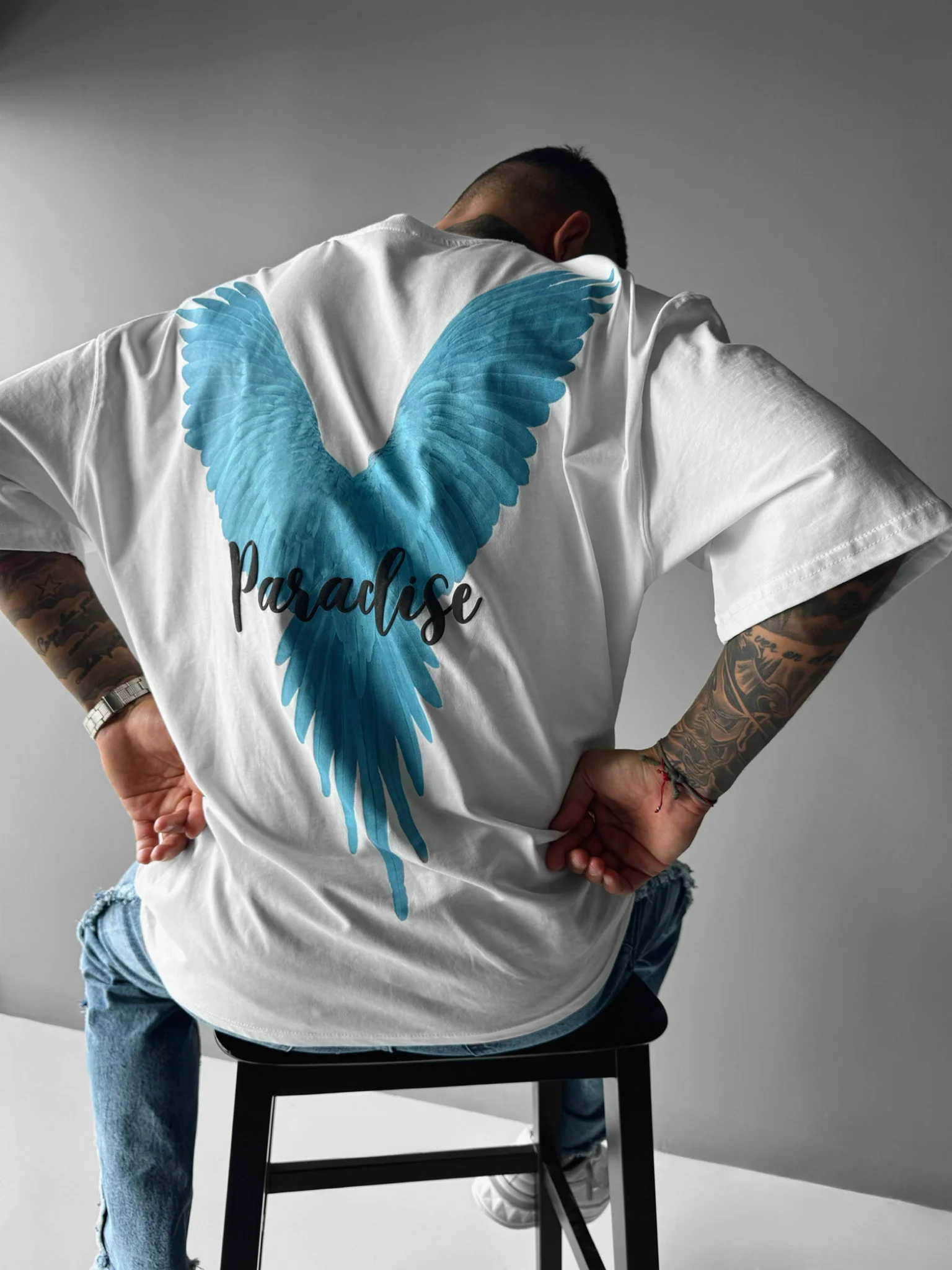 Oversize Parrot Paradise T-shirt - White and Blue - Image 4