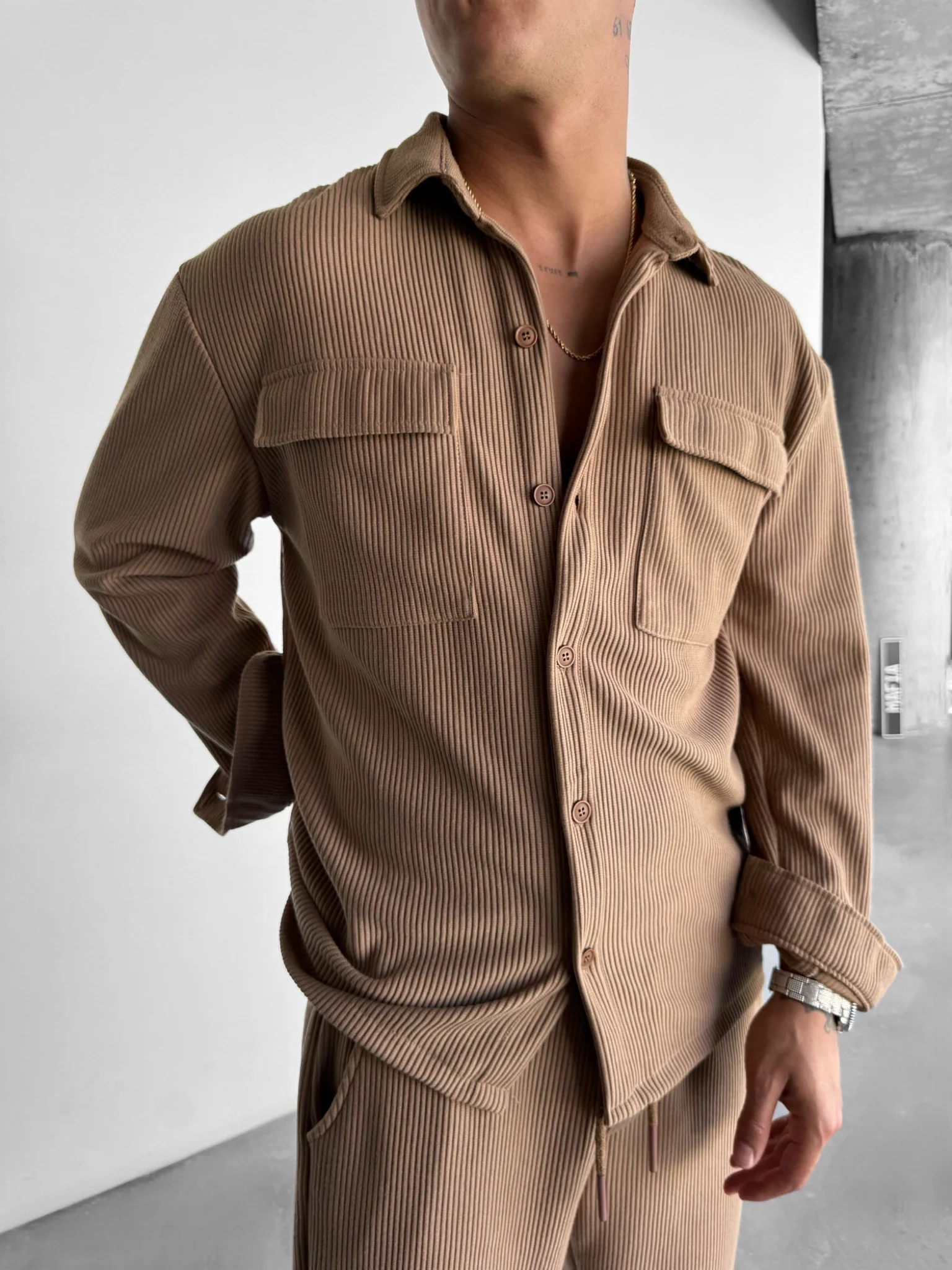 Oversize Pocket Cord Shirt - Camel - Image 2