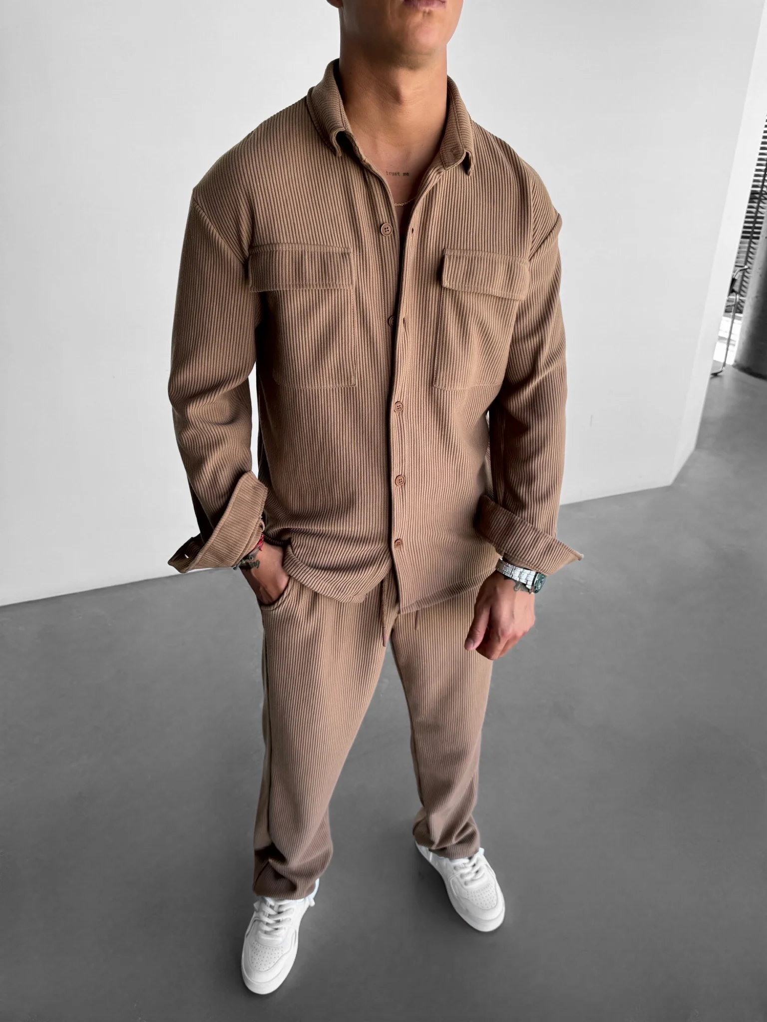 Oversize Pocket Cord Shirt - Camel - Image 3