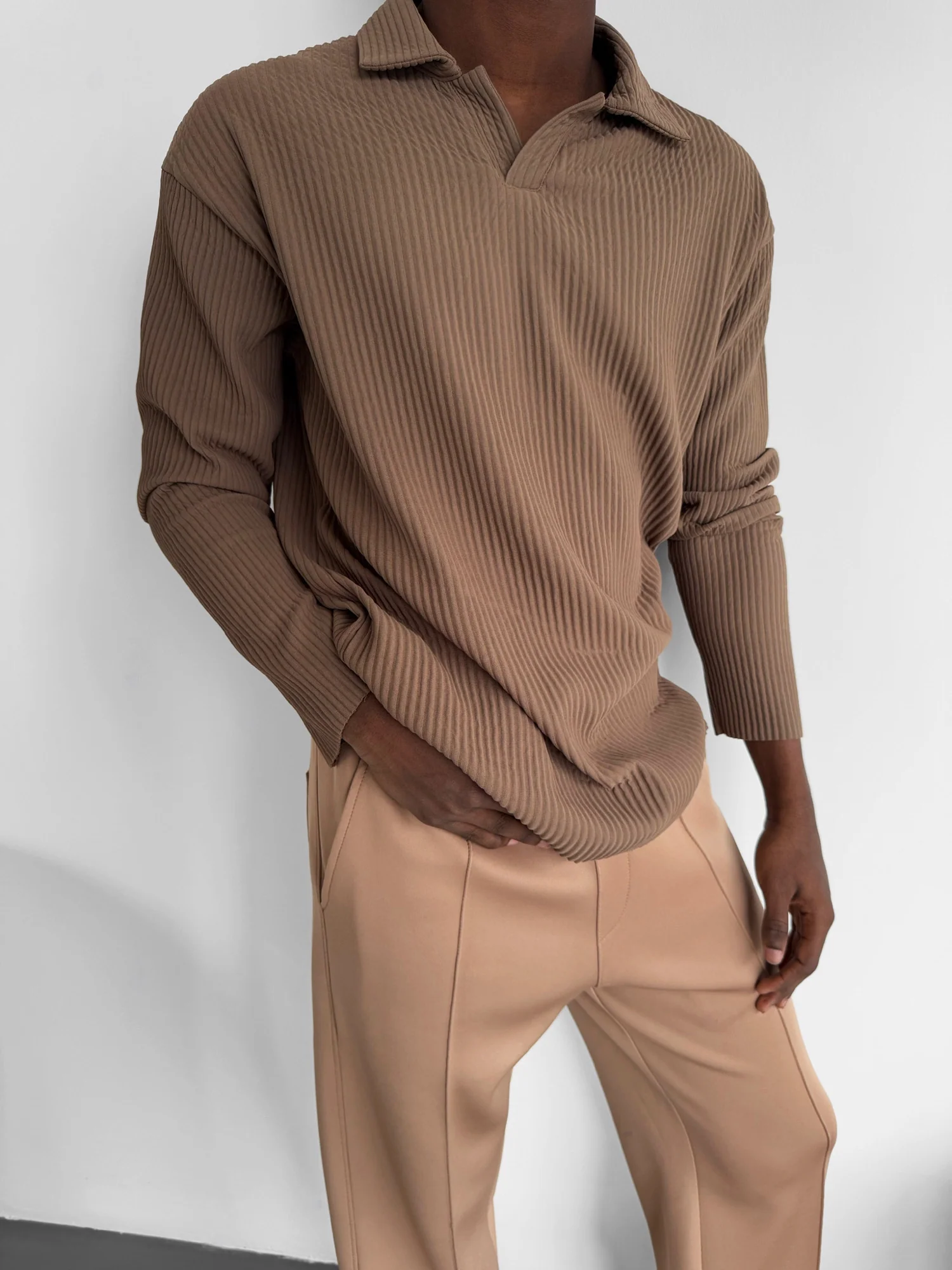 Oversize Ribbed Long Arm Polo T-shirt - Brown - Image 3