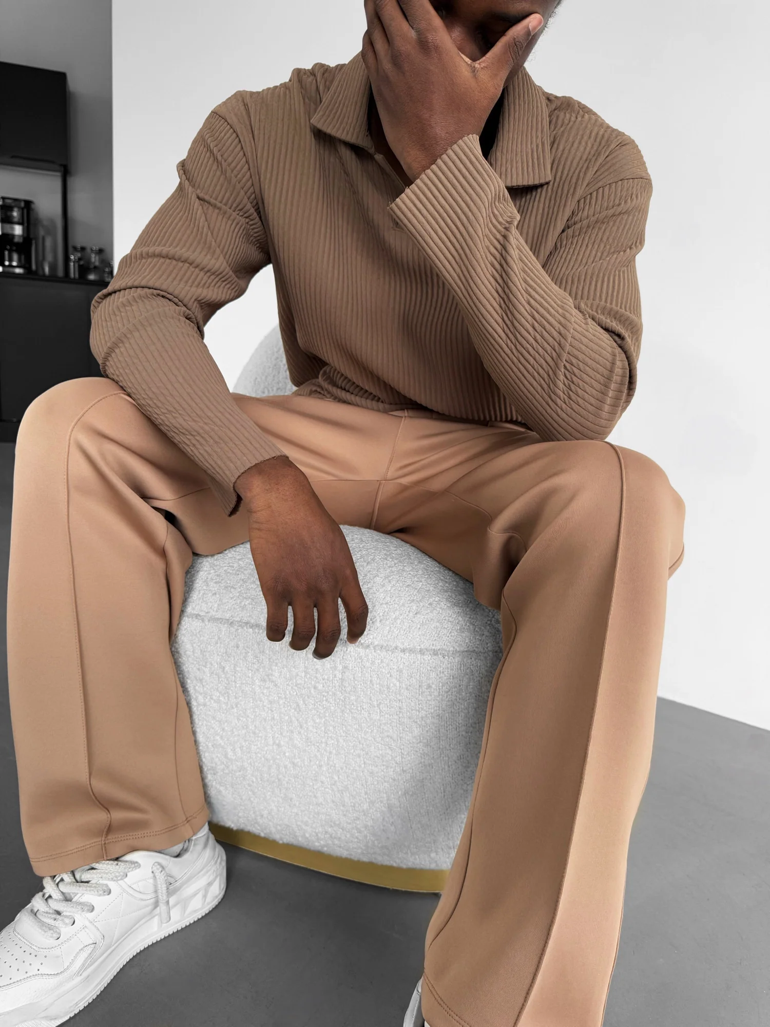 Oversize Ribbed Long Arm Polo T-shirt - Brown - Image 5