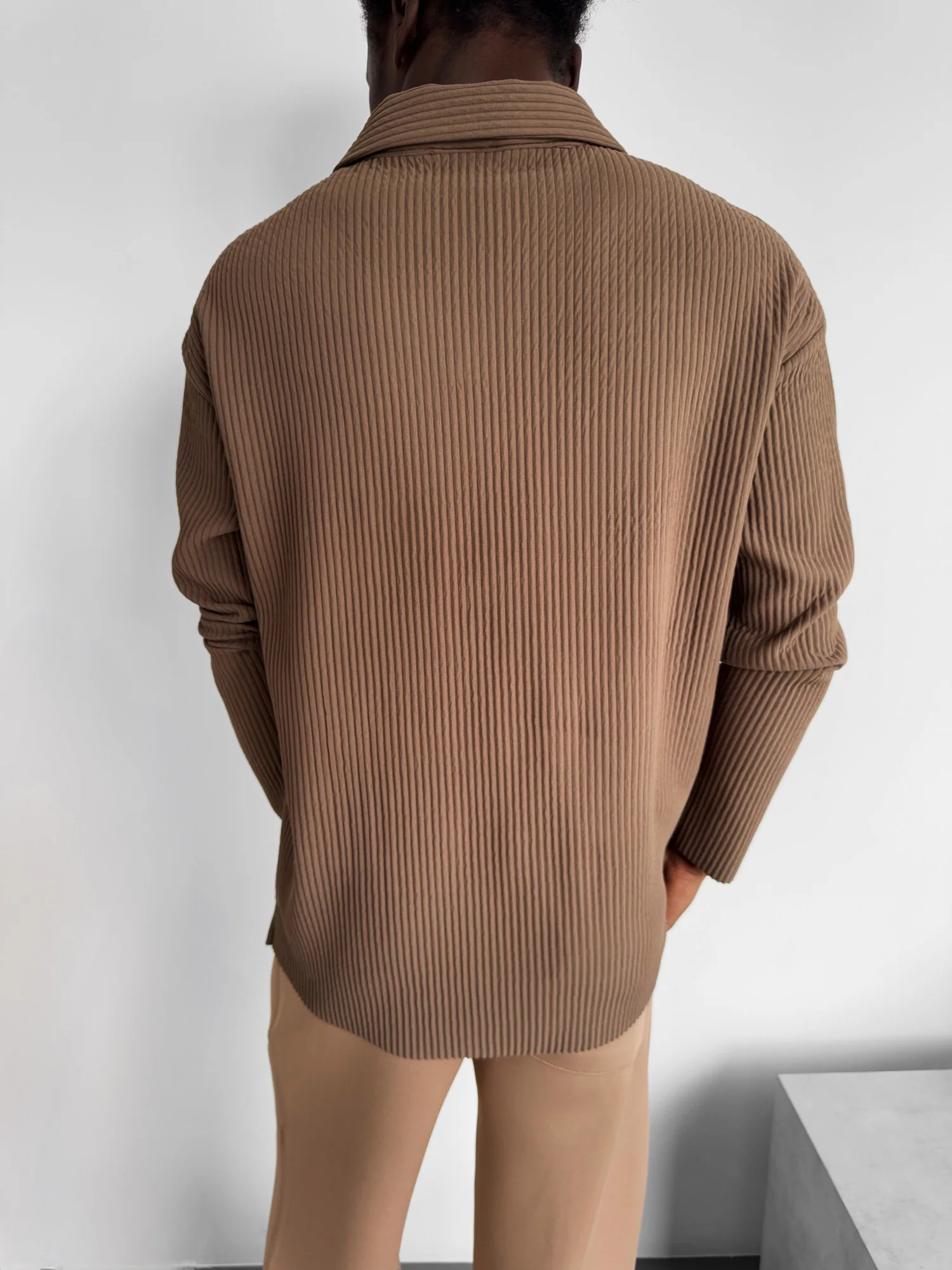 Oversize Ribbed Long Arm Polo T-shirt - Brown - Image 6