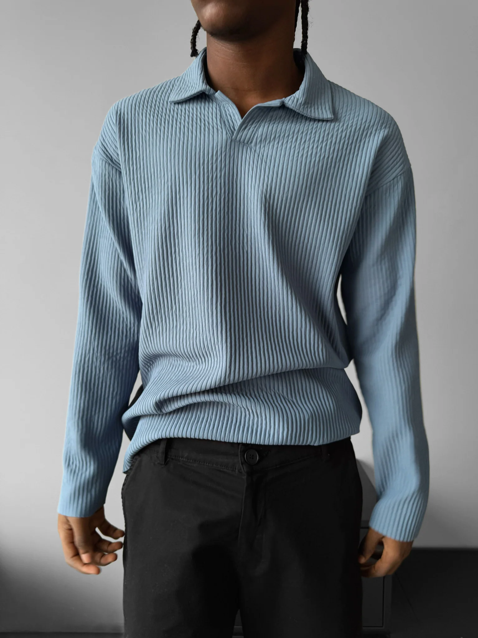 Oversize Ribbed Long Arm Polo T-shirt - Coronet Blue - Image 2