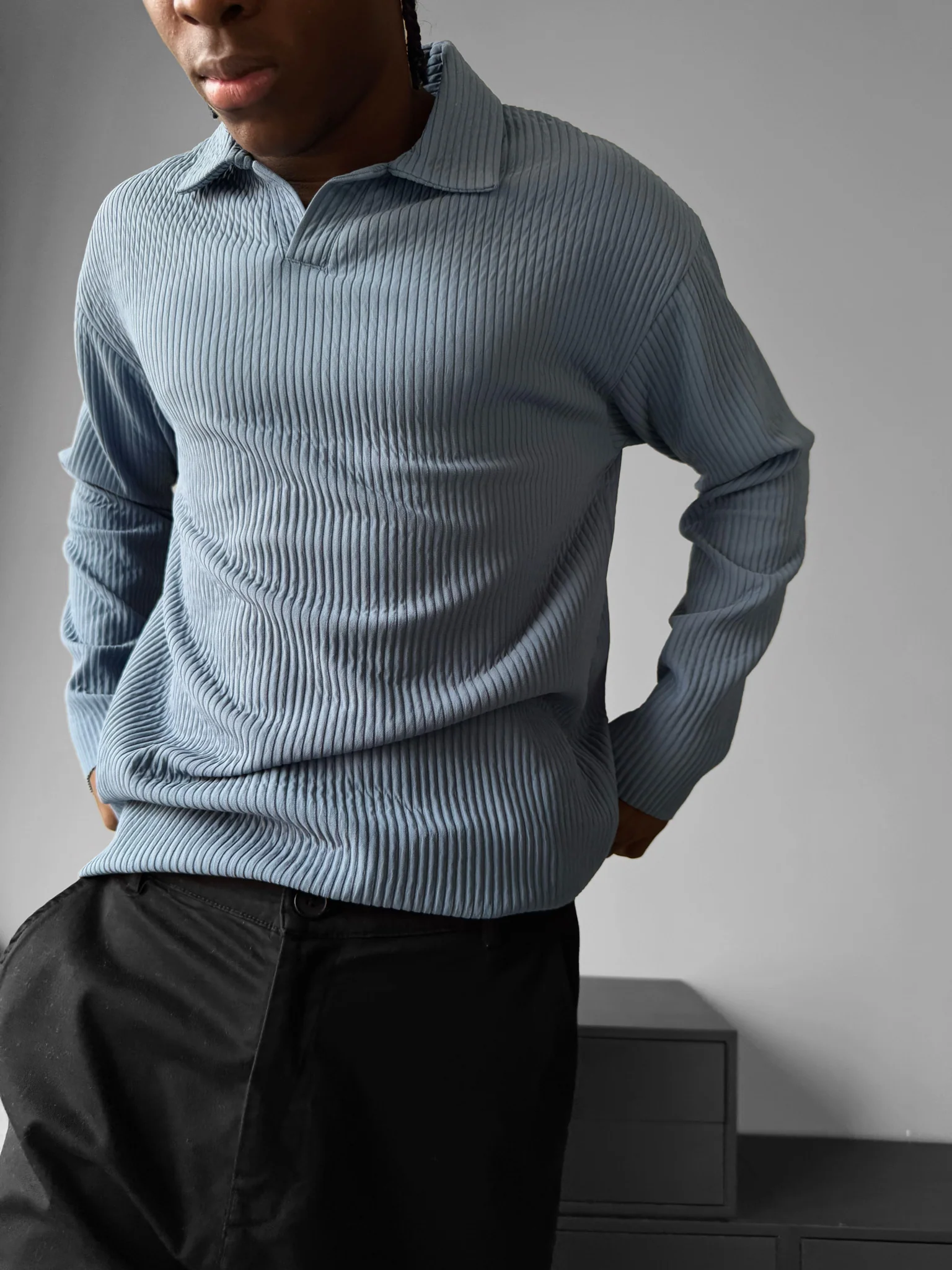 Oversize Ribbed Long Arm Polo T-shirt - Coronet Blue - Image 3