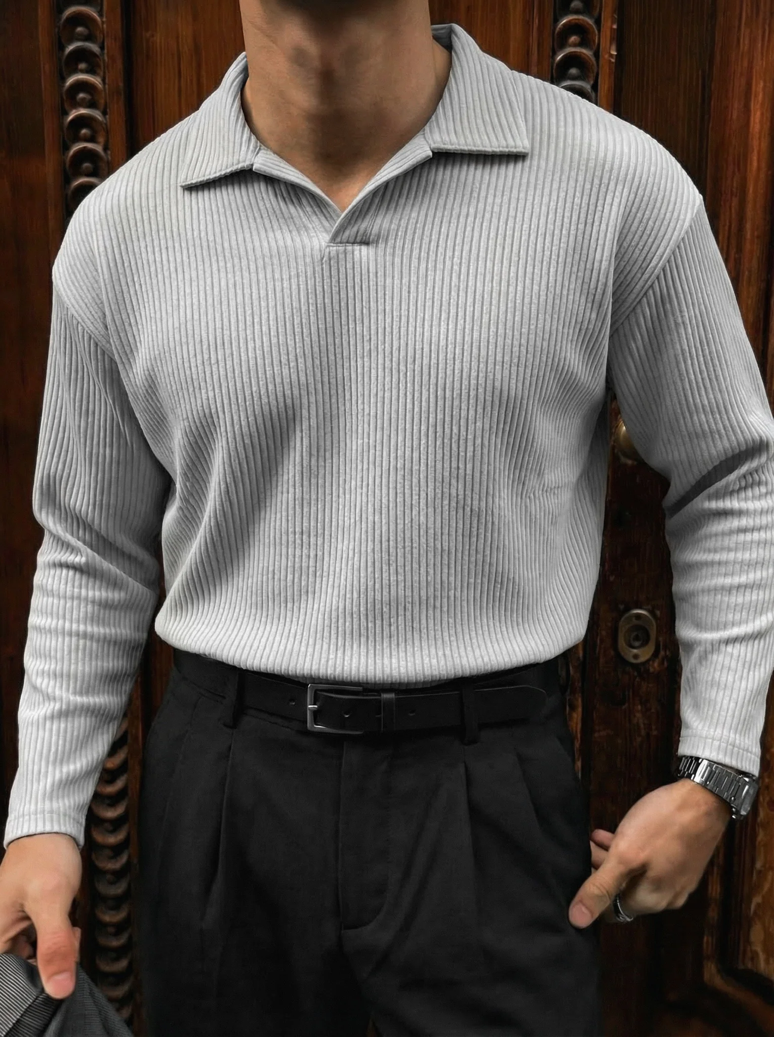 Oversize Ribbed Long Arm Polo T-shirt - Grey