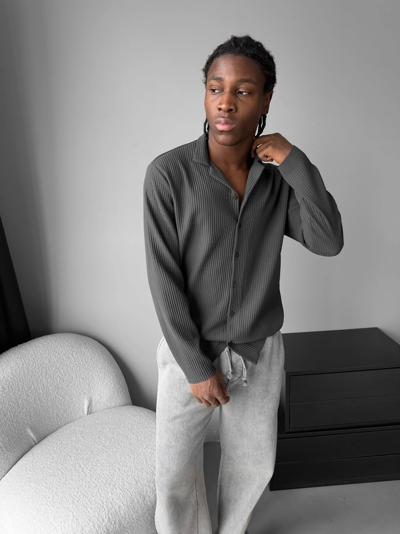 Oversize Ribbed Long Arm Shirt - Anthracite - Image 2