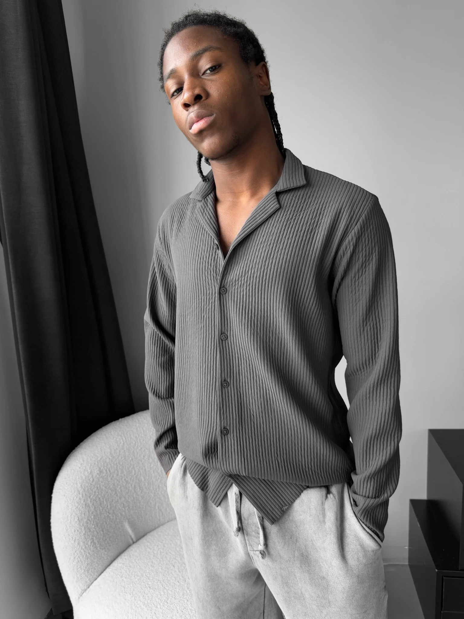 Oversize Ribbed Long Arm Shirt - Anthracite - Image 3