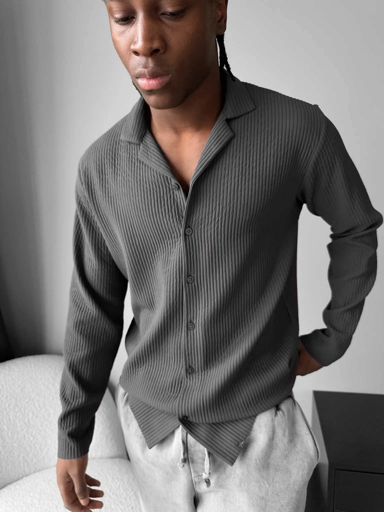 Oversize Ribbed Long Arm Shirt - Anthracite - Image 4