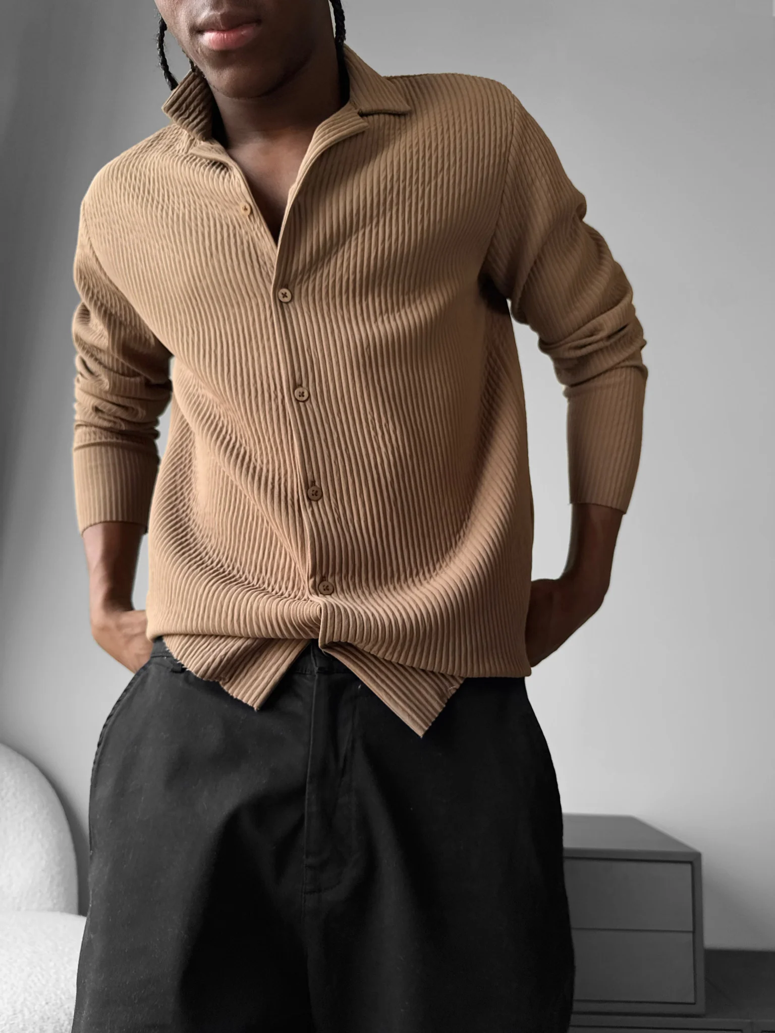 Oversize Ribbed Long Arm Shirt - Brown - Image 2