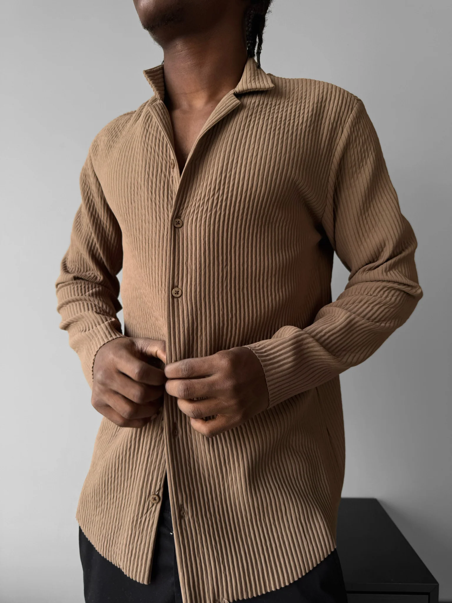 Oversize Ribbed Long Arm Shirt - Brown - Image 3