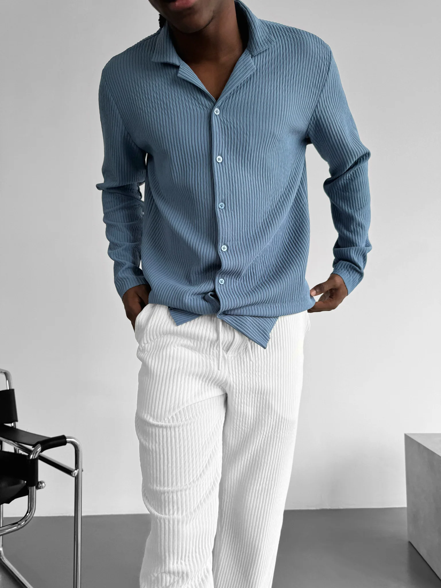 Oversize Ribbed Long Arm Shirt - Coronet Blue - Image 3
