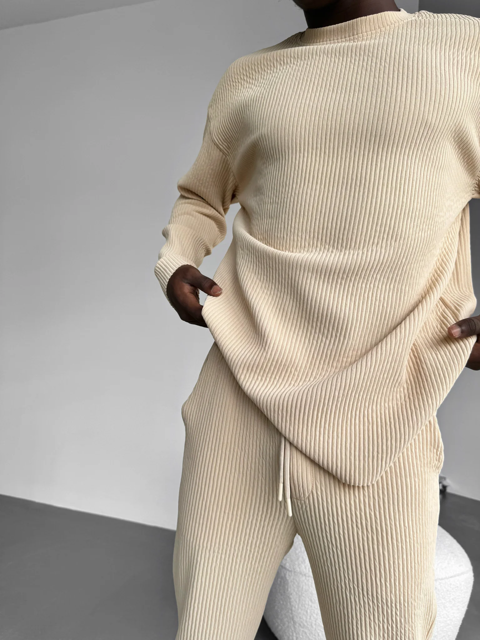 Oversize Ribbed Long Arm T-shirt - Almond Buff - Image 2