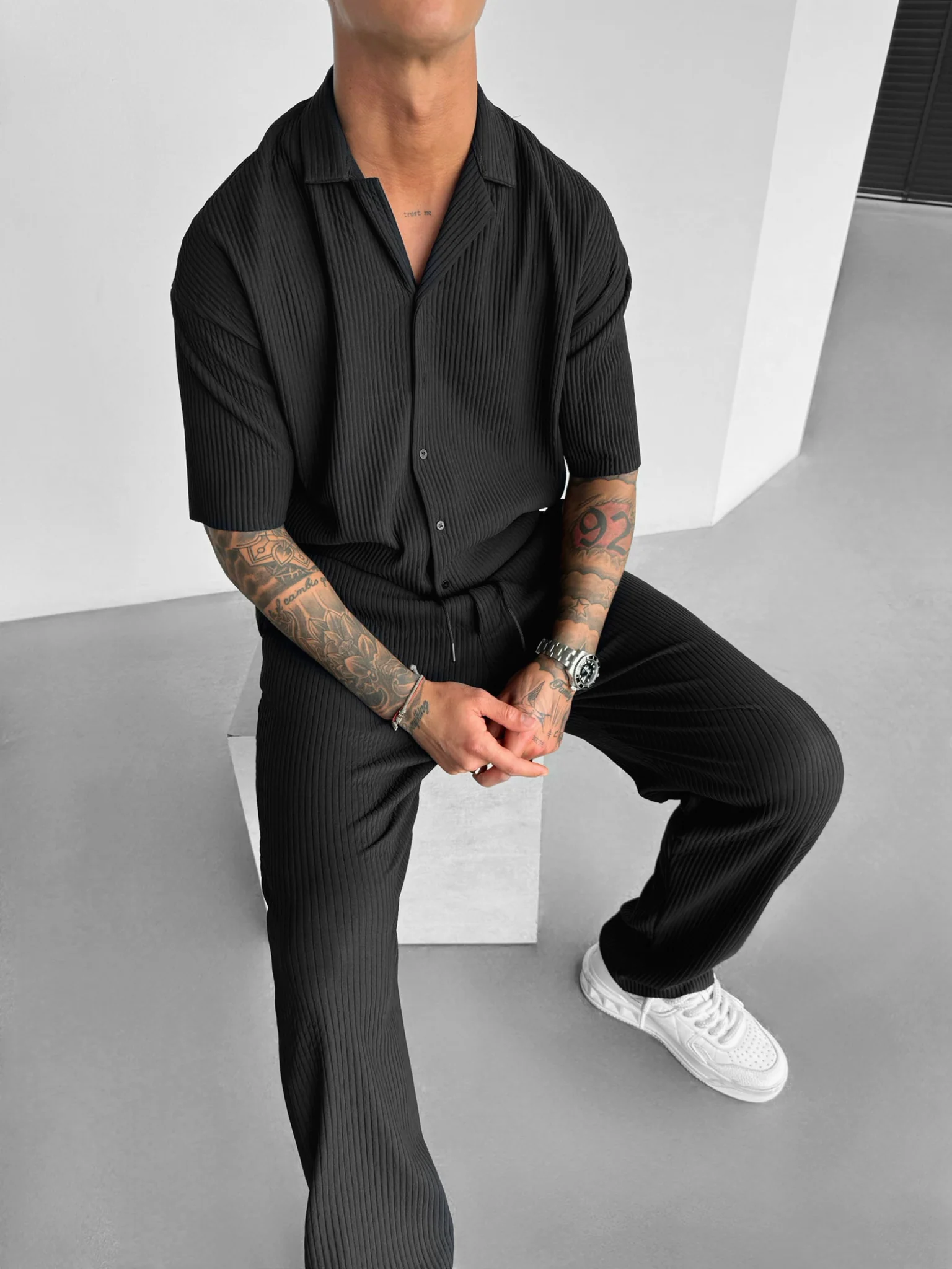 Oversize Ribbed Shirt - Black - Image 2