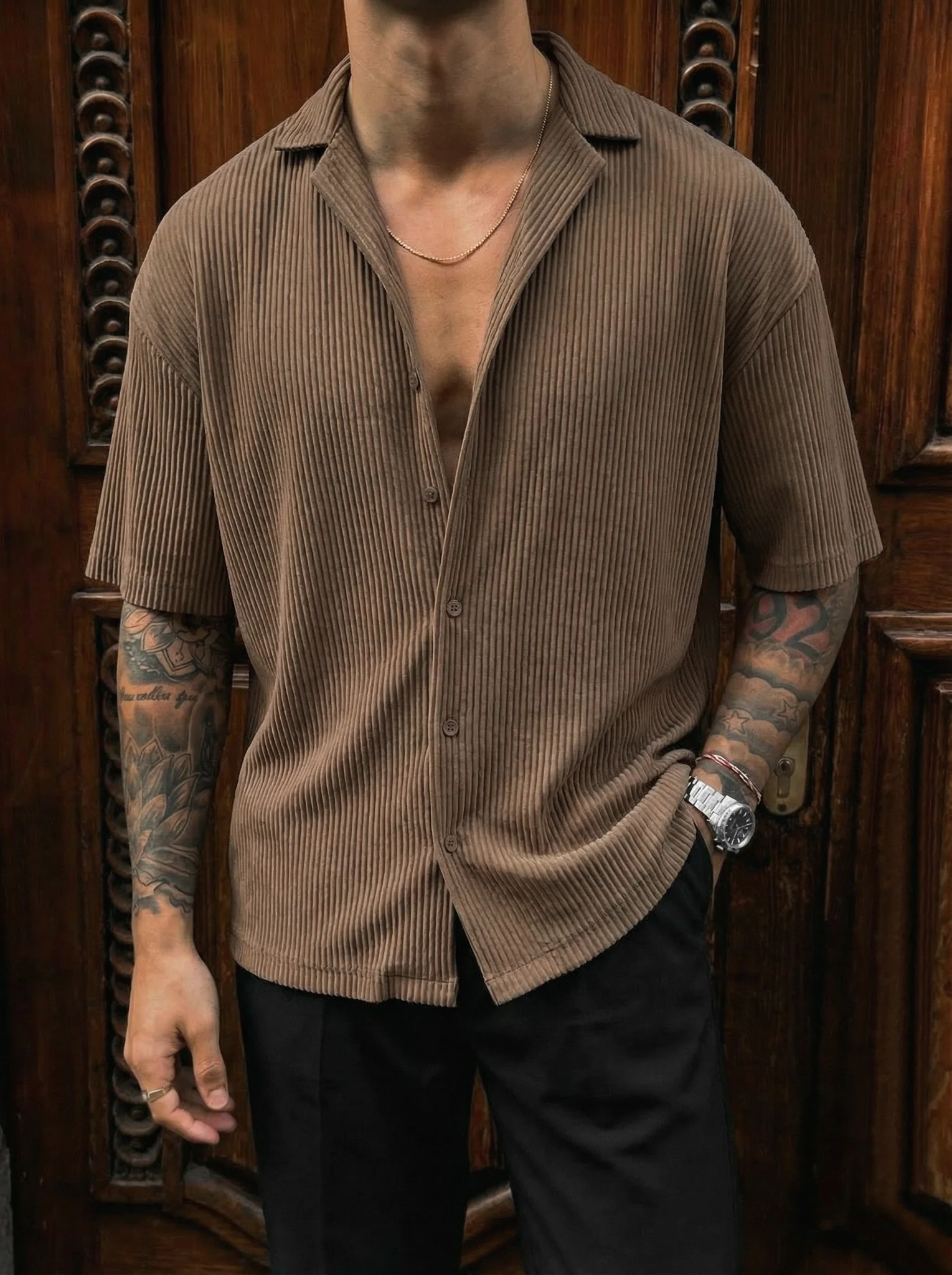 Oversize Ribbed Shirt - Brown