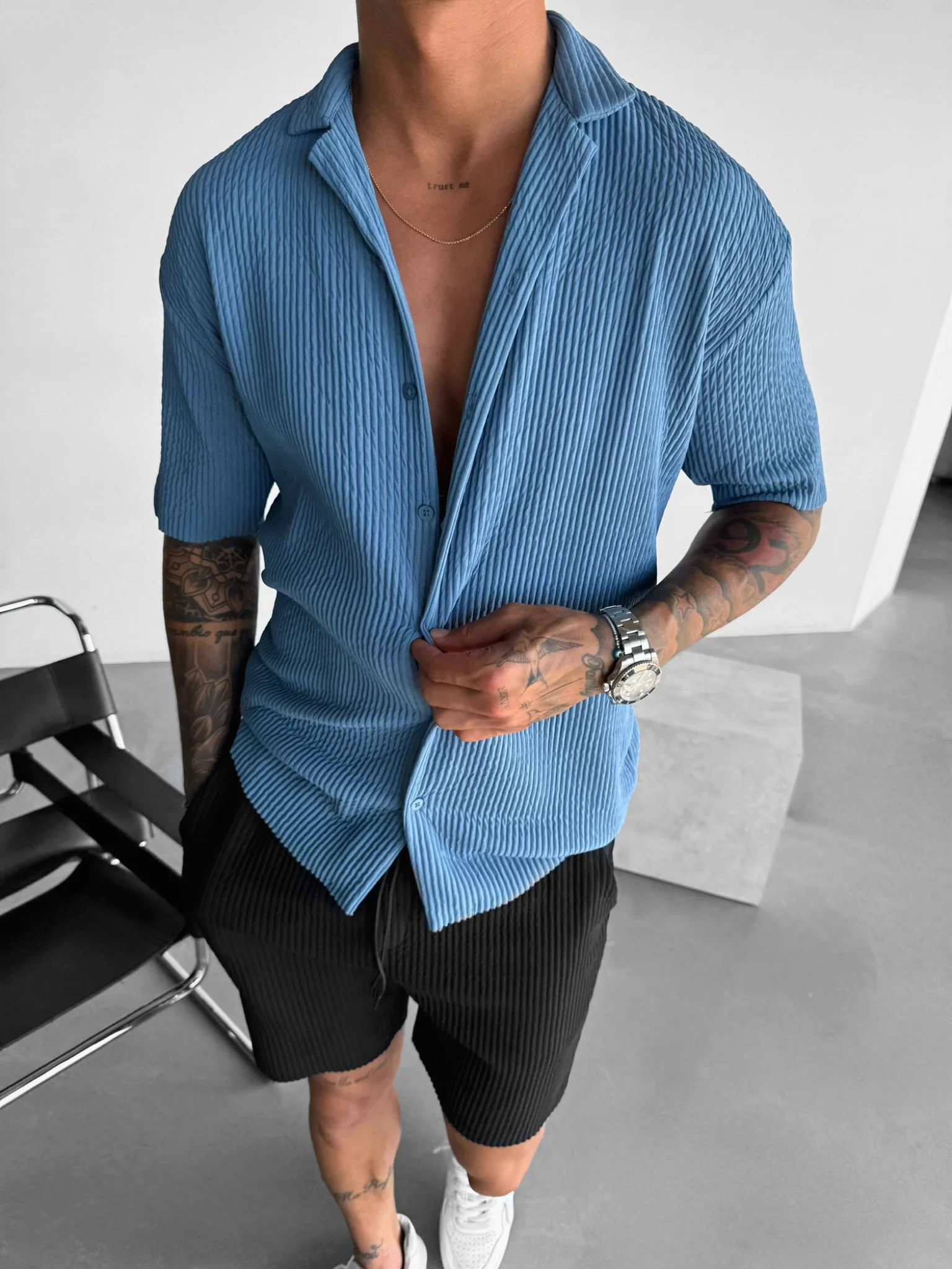 Oversize Ribbed Shirt - Coronet Blue - Image 5