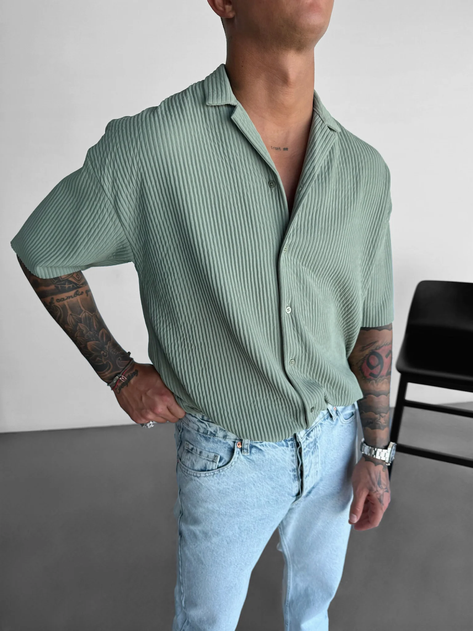 Oversize Ribbed Shirt - Green - Image 3