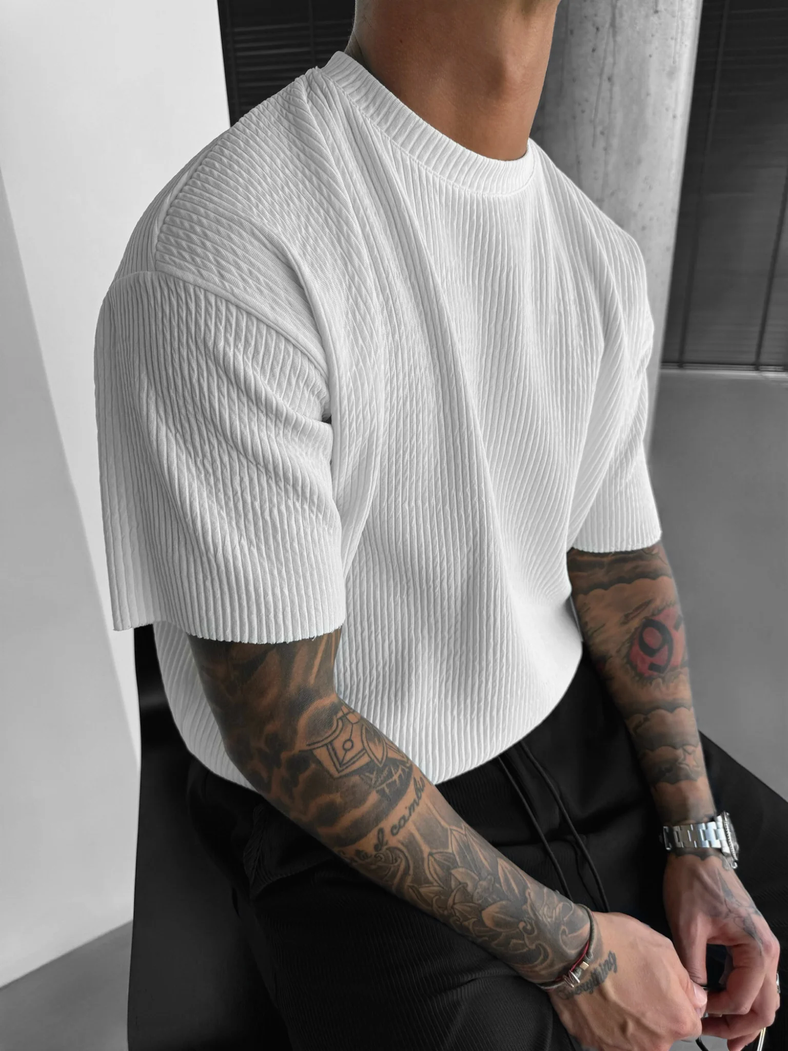 Oversize Ribbed T-Shirt - White - Image 4