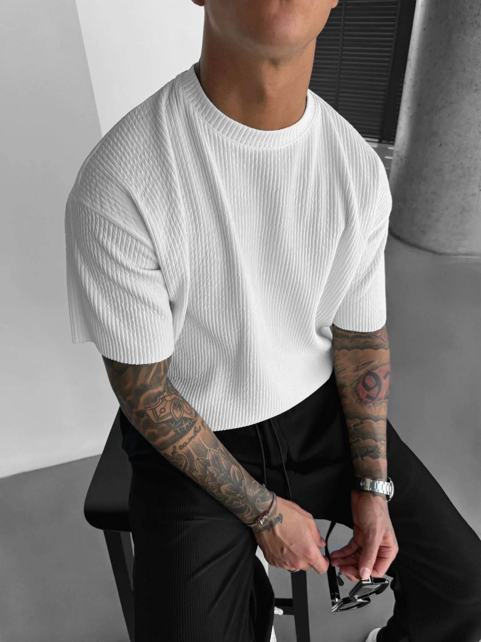 Oversize Ribbed T-Shirt - White - Image 5
