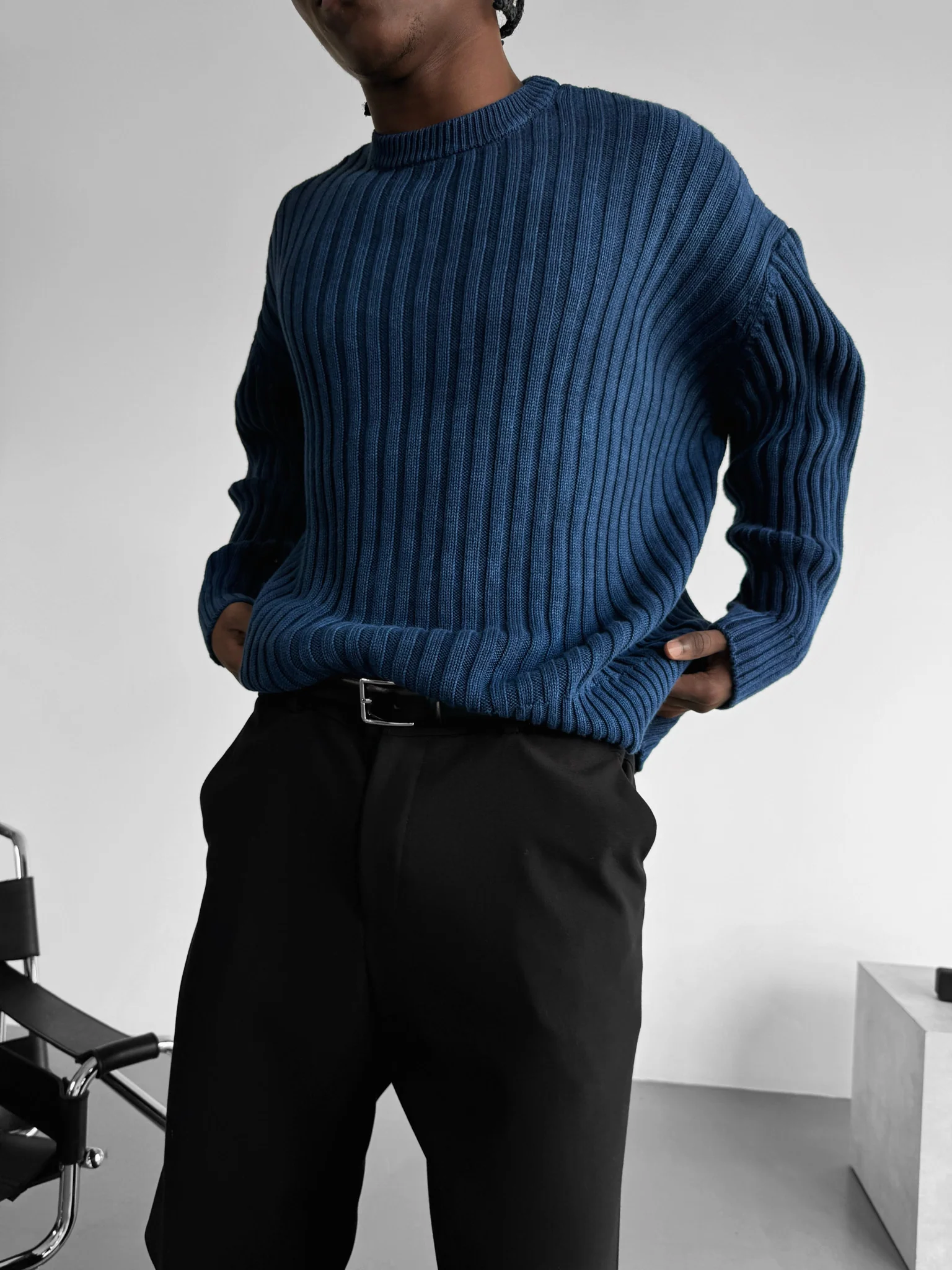 Oversize Ribbed Washed Sweater - Blue - Image 3