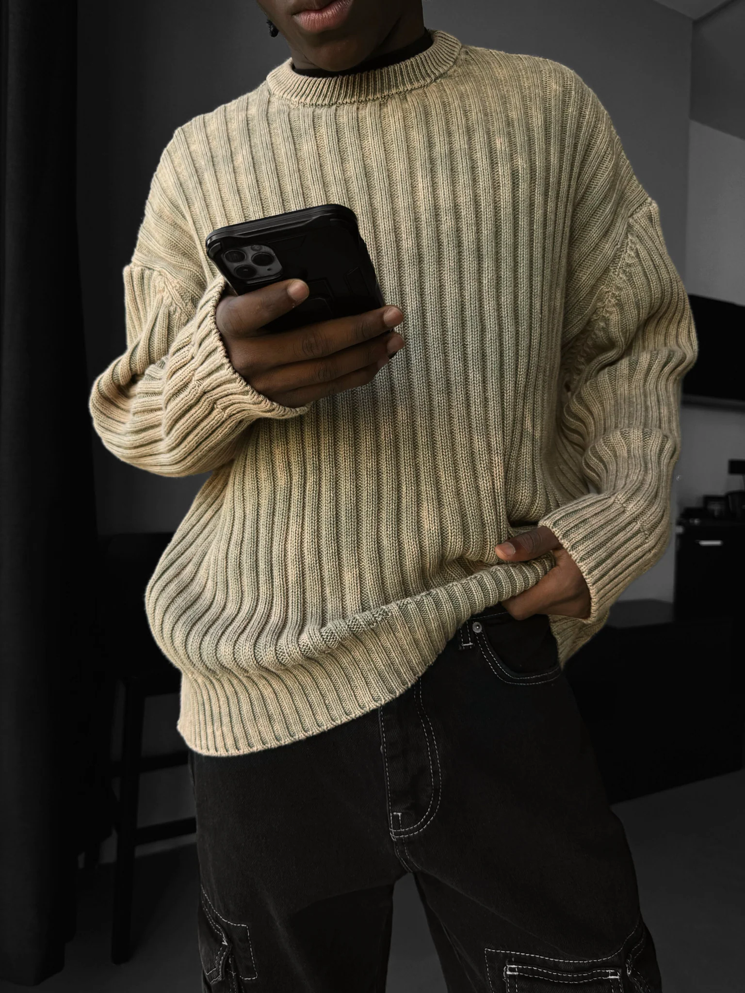 Oversize Ribbed Washed Sweater - Stone - Image 2