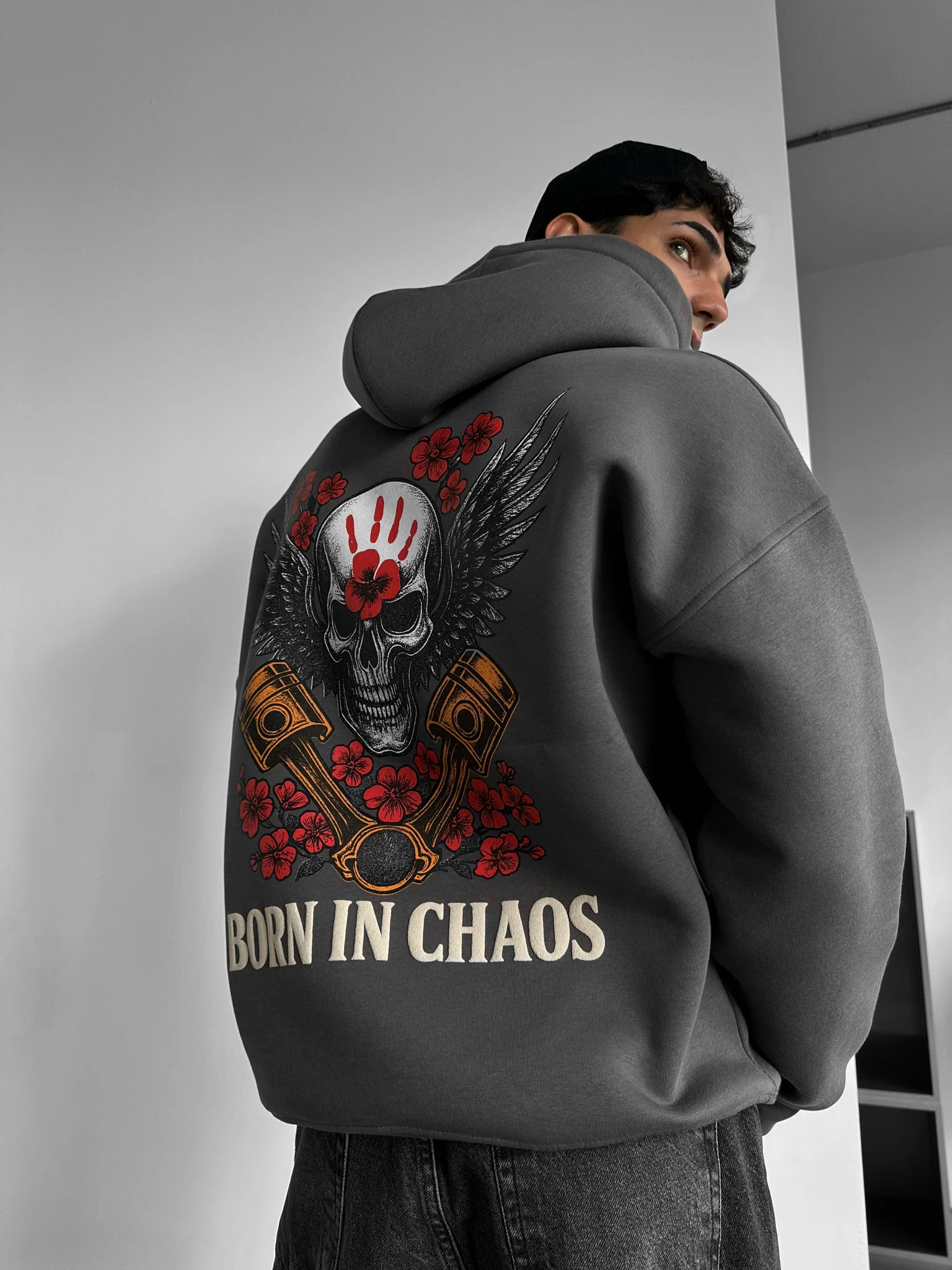 Oversize Skeleton Born in Chaos Hoodie - Anthracite - Image 2