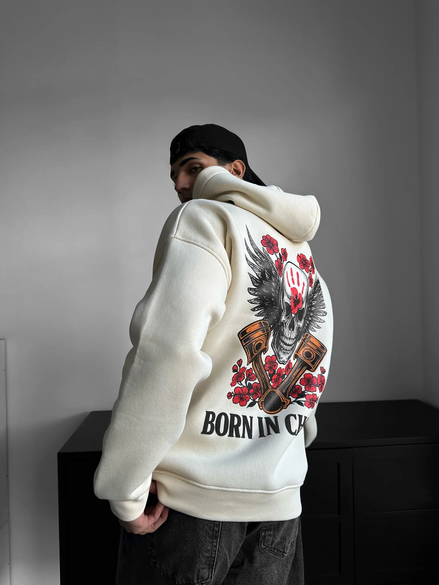 Oversize Skeleton Born in Chaos Hoodie - Antique White - Image 3