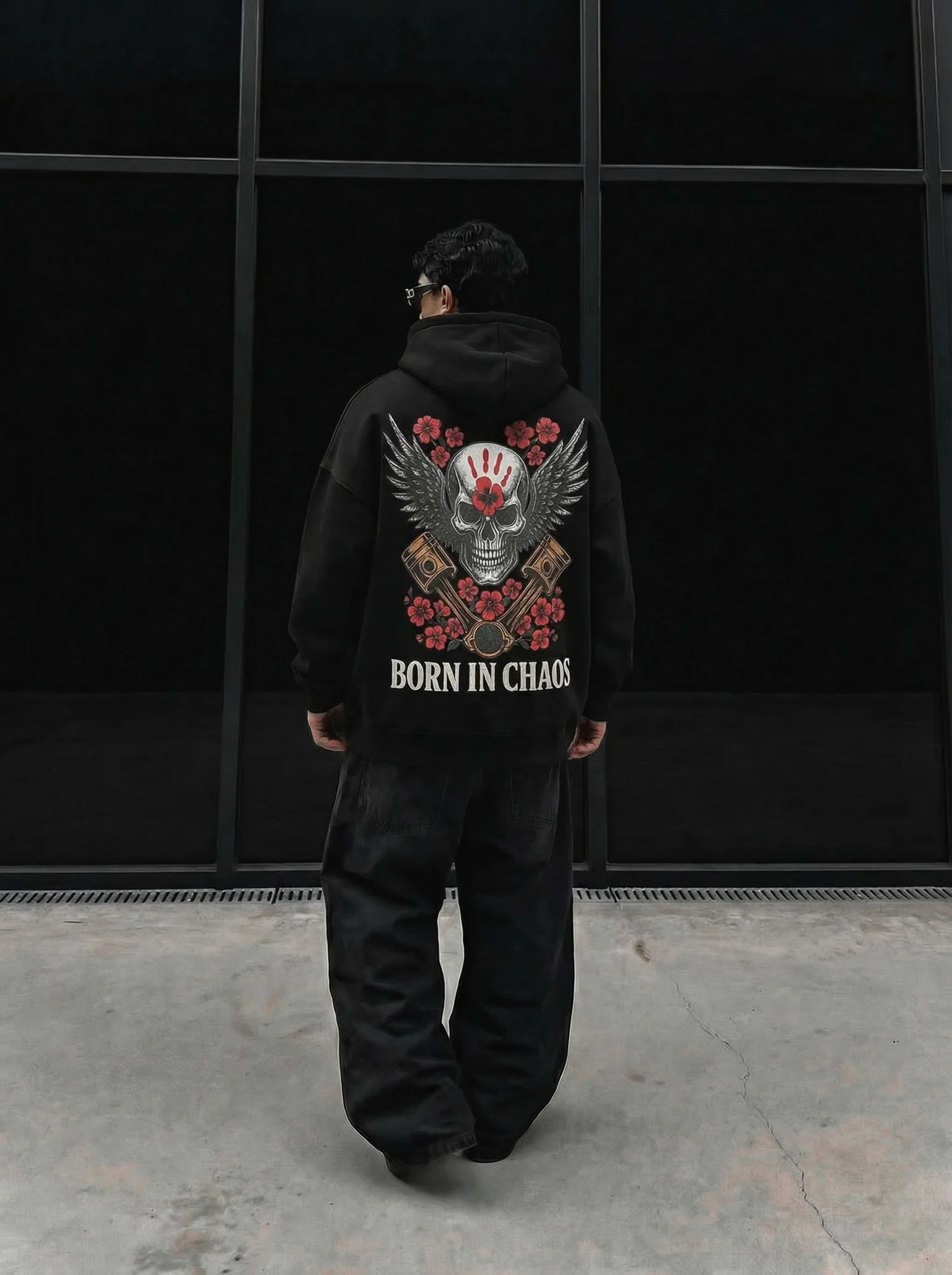 Oversize Skeleton Born in Chaos Hoodie - Black - Image 2
