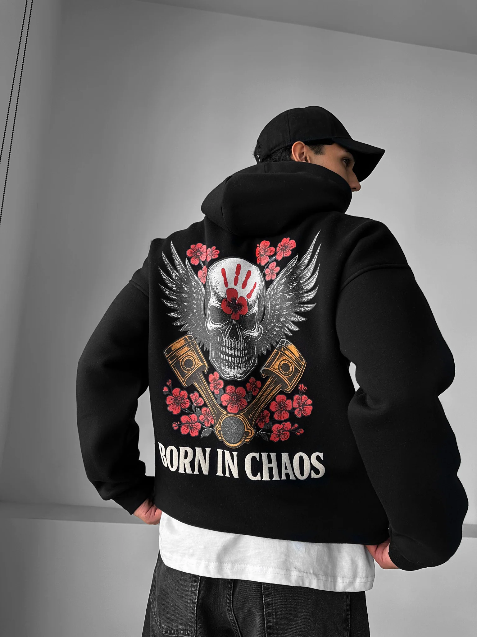 Oversize Skeleton Born in Chaos Hoodie - Black - Image 3