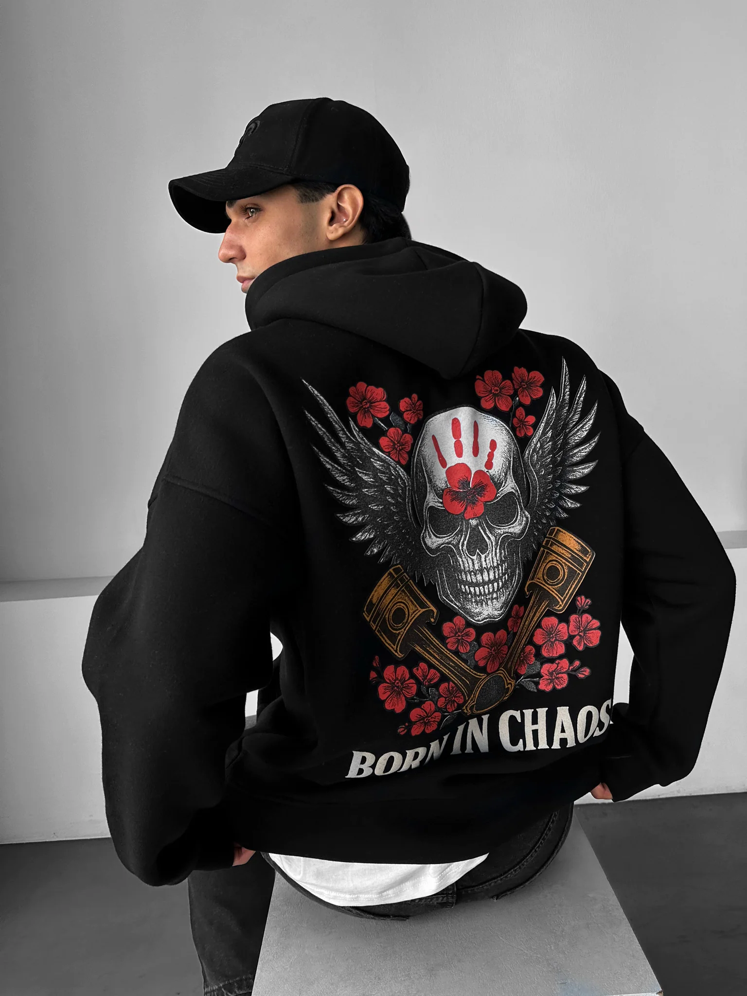Oversize Skeleton Born in Chaos Hoodie - Black - Image 4