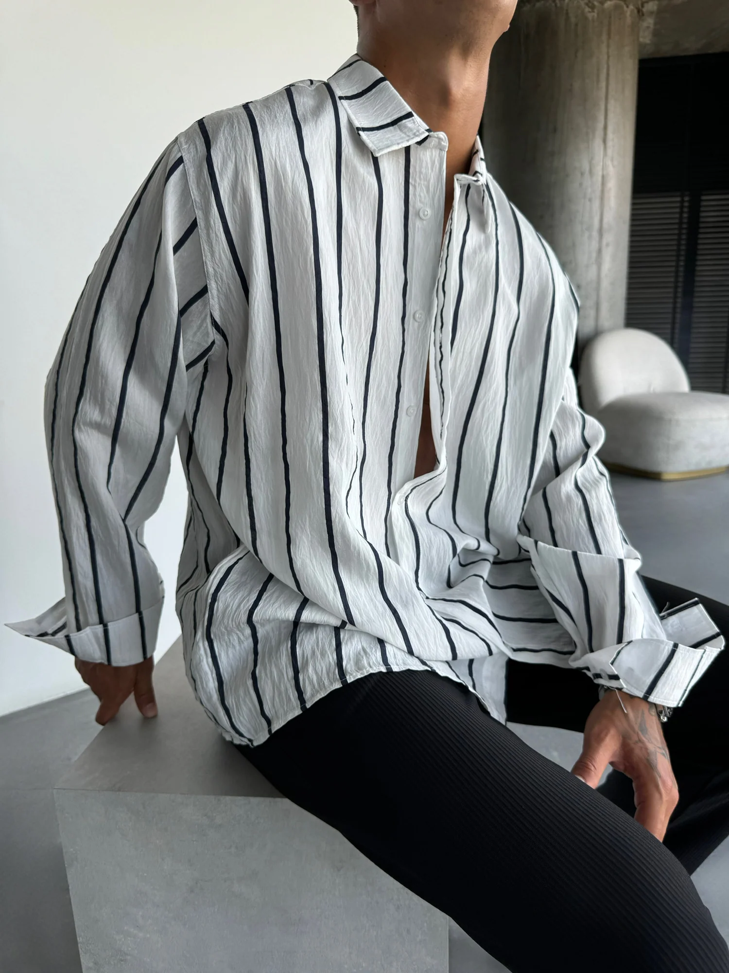 Oversize Striped Long Sleeve Shirt - White and Black - Image 2