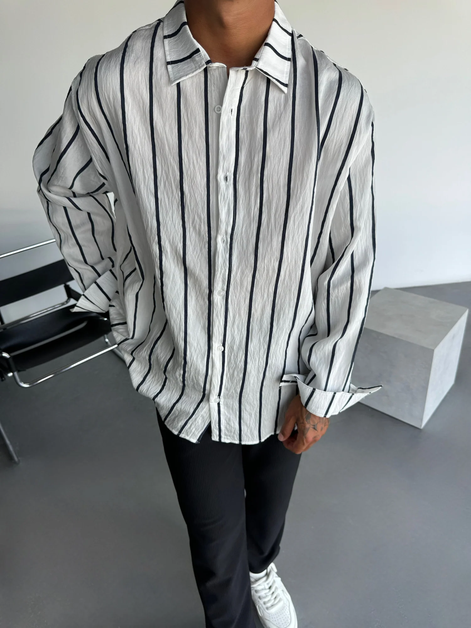 Oversize Striped Long Sleeve Shirt - White and Black - Image 3