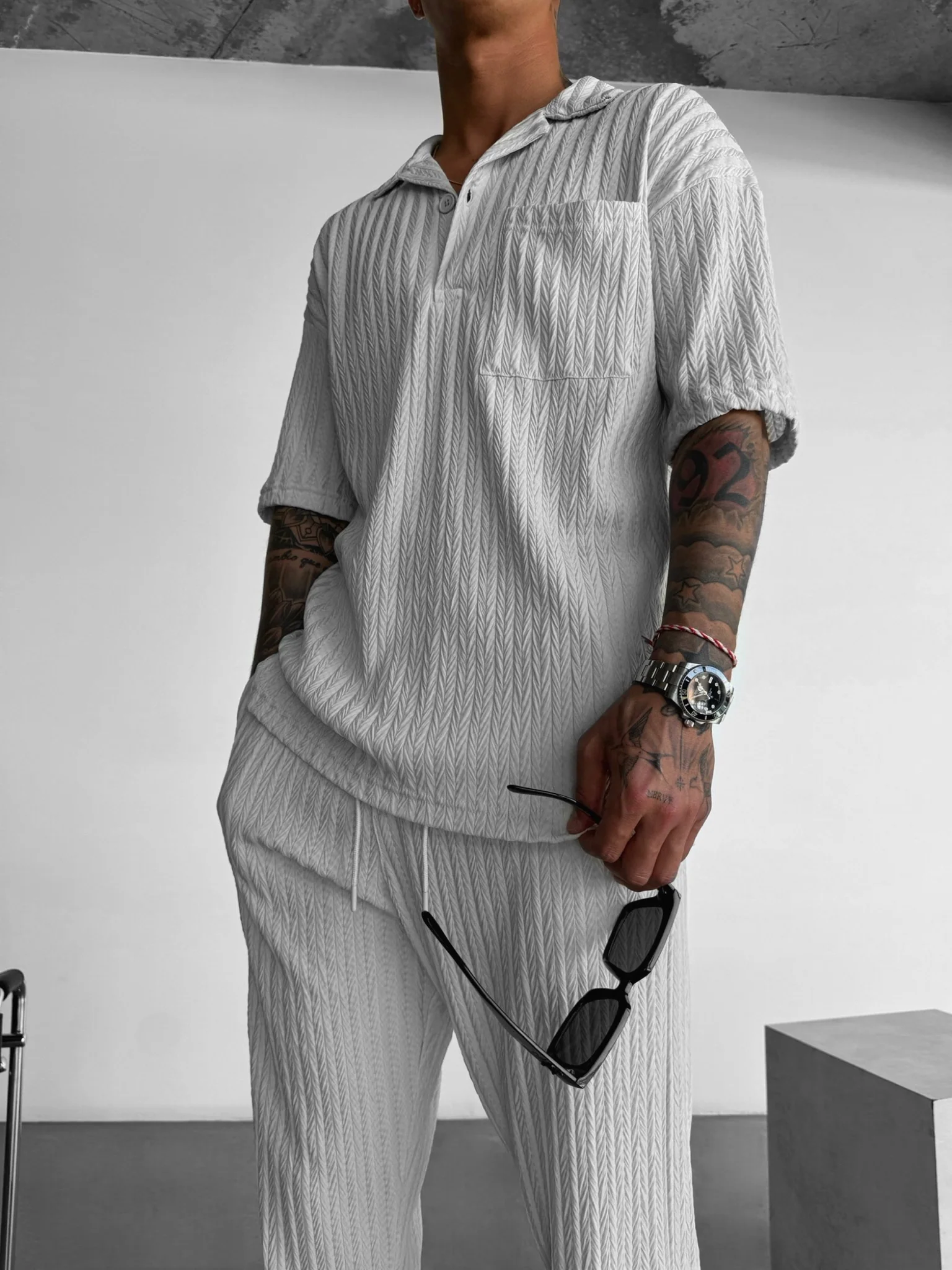 Oversize Structured Polo T-Shirt - Grey - Image 8