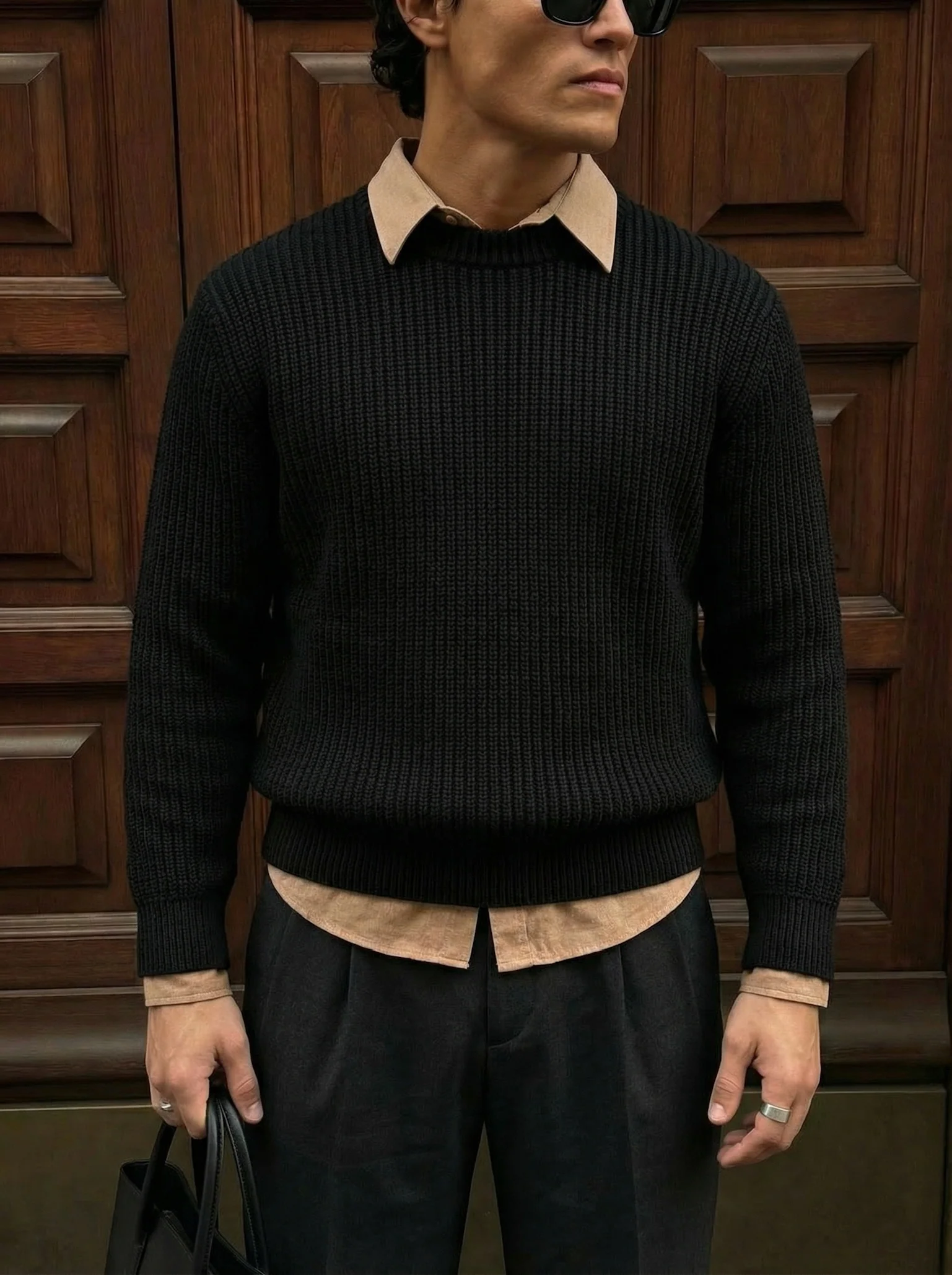 Oversize Structured Knit Sweater - Black - Image 2