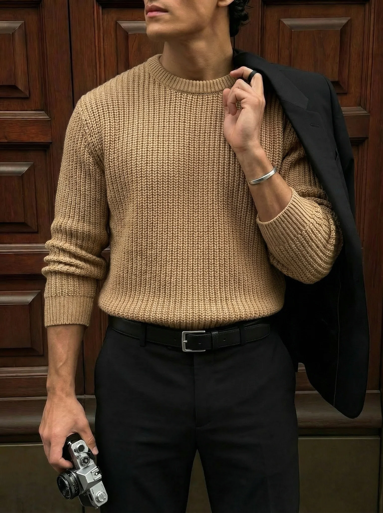 Oversize Structured Knit Sweater - Brown - Image 2