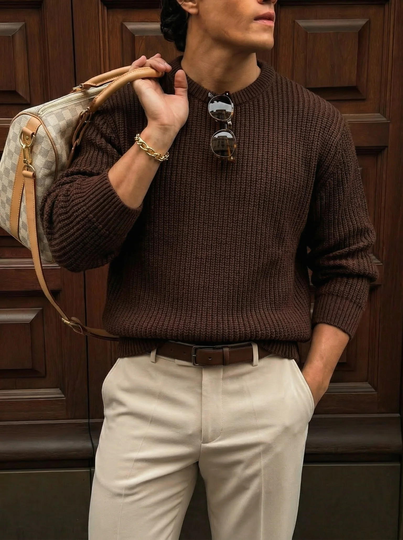 Oversize Structured Knit Sweater - Dark Brown - Image 2