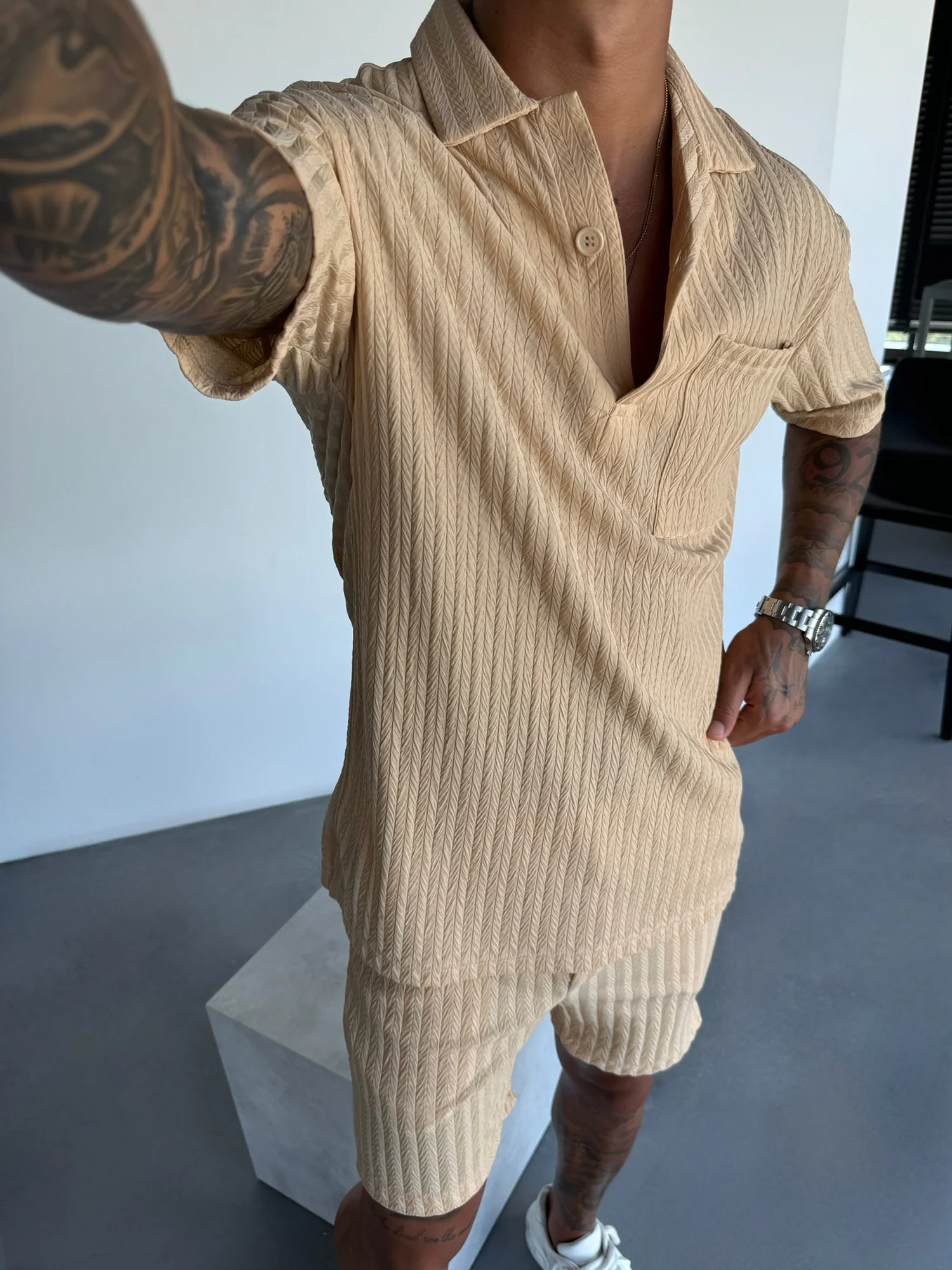 Oversize Structured Polo T-Shirt - Almond Buff - Image 2