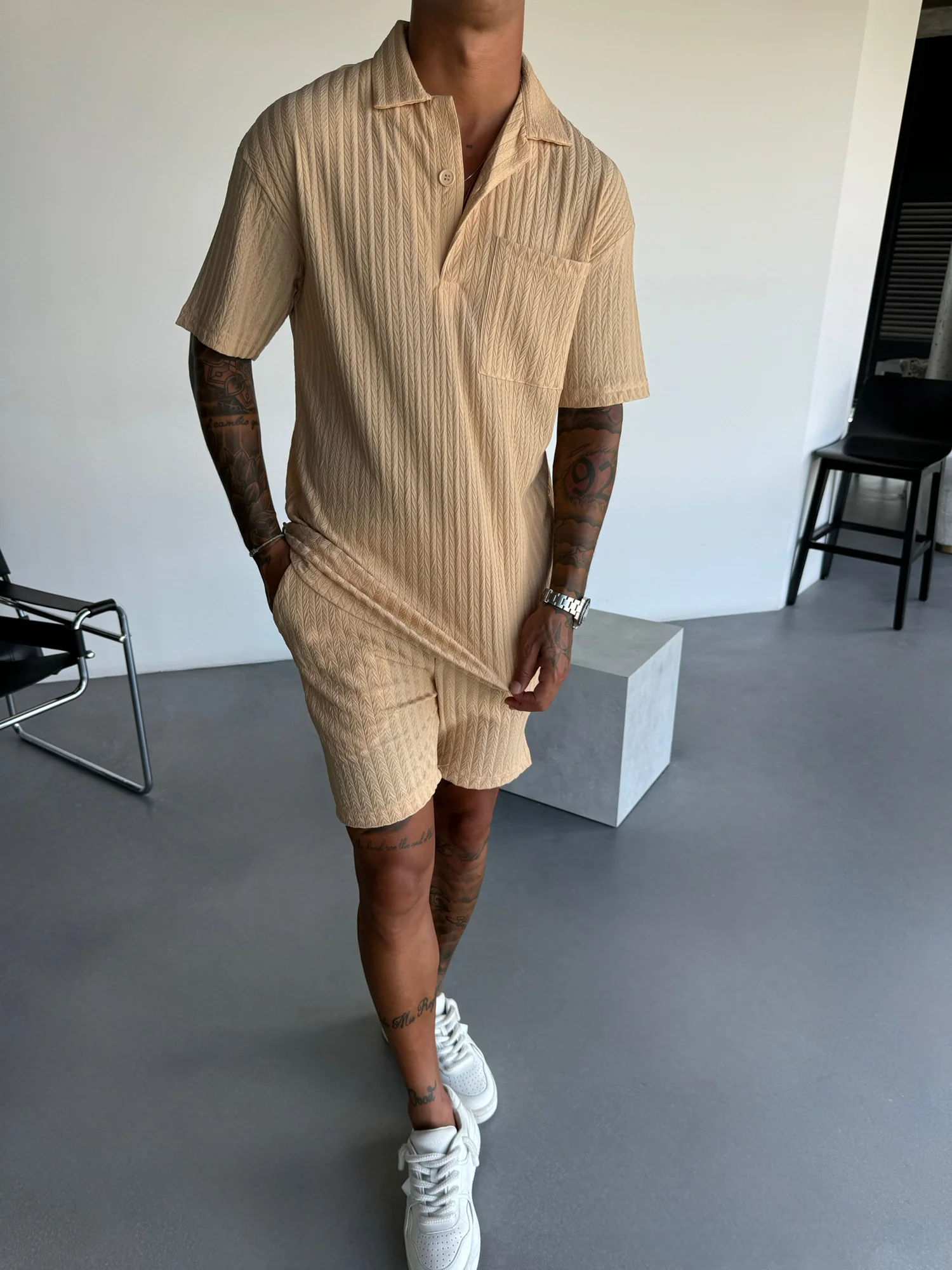 Oversize Structured Polo T-Shirt - Almond Buff - Image 3