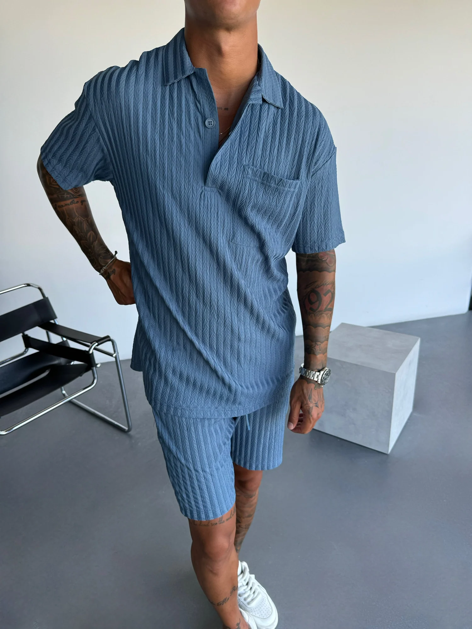 Oversize Structured Polo T-Shirt - Coronet Blue - Image 3