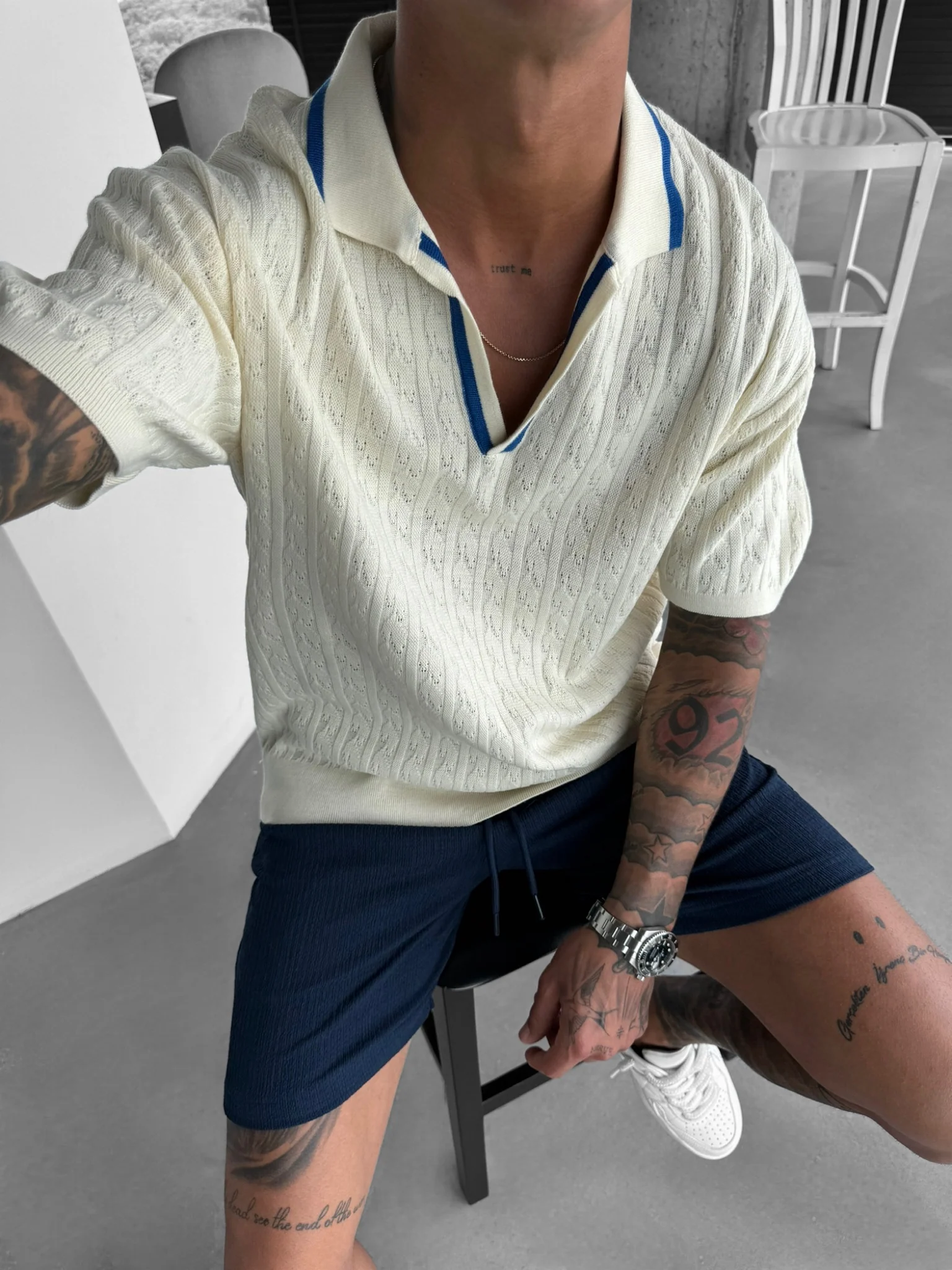 Oversize Structured Polo T-Shirt - Ecru and Blue - Image 2