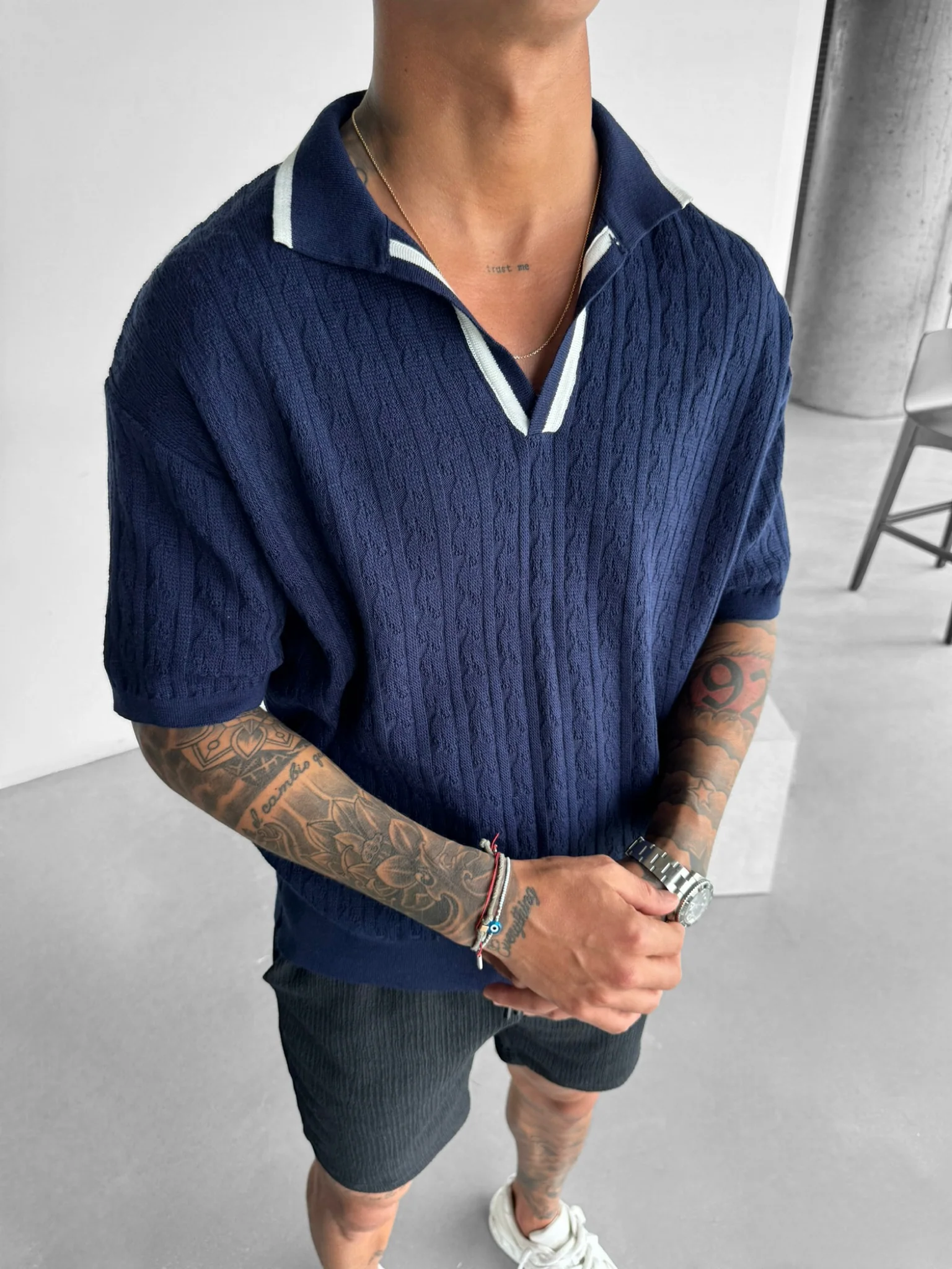 Oversize Structured Polo T-Shirt - Indigo - Image 2
