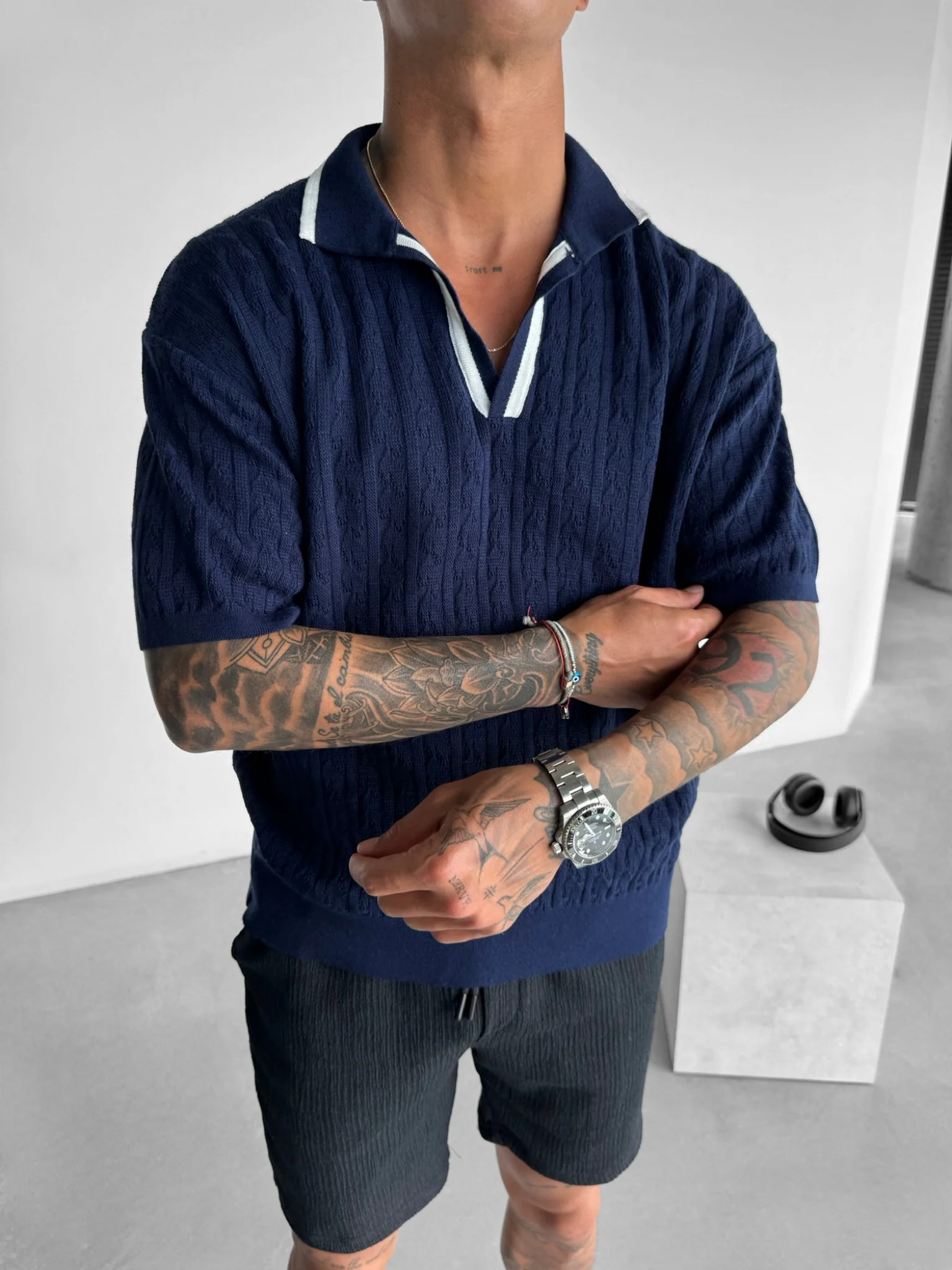 Oversize Structured Polo T-Shirt - Indigo - Image 4