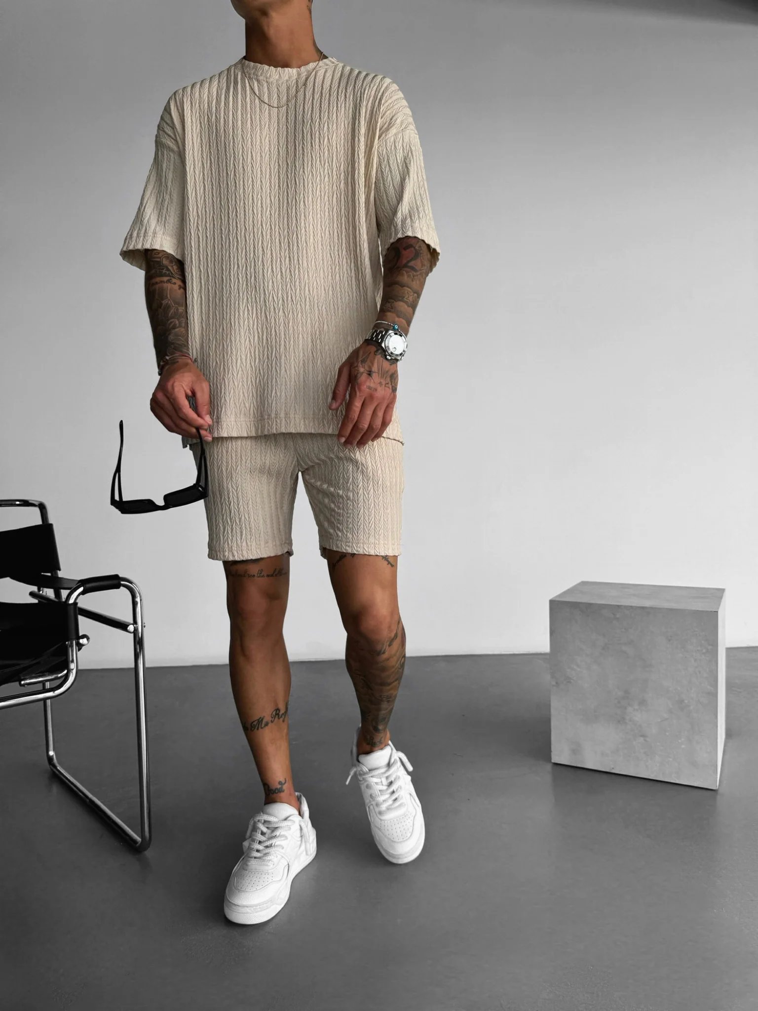 Oversize Structured T-Shirt - Beige - Image 6